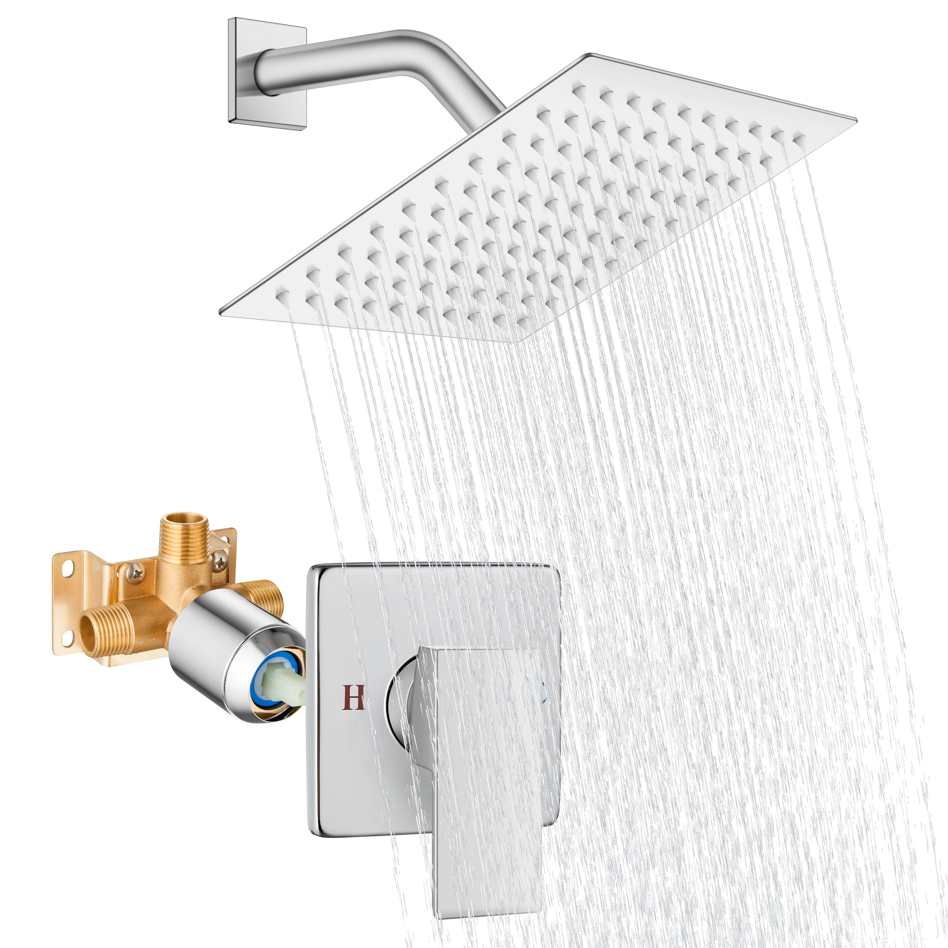 Shower Faucet Set Bathroom Rainfall Shower System Square SUS304 Stainless Steel Showerhead Single Function Shower Trim Kit 1 Handle with Rough-in Valve Male Thread 1/2" NPT