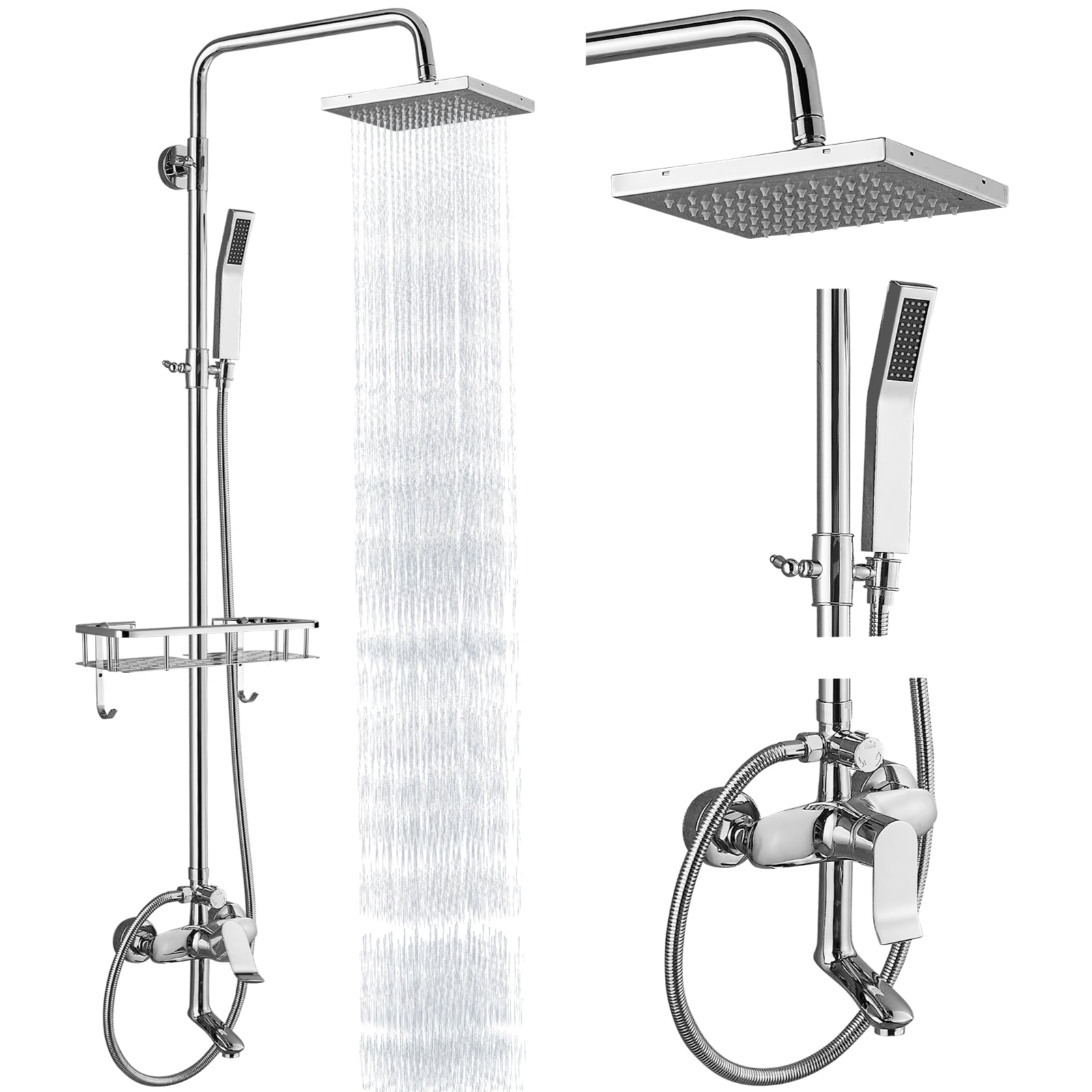 Heyalan Wall Mounted Exposed Shower System Triple Function Bathroom Shower Faucet 8” Square Swivel Rainfall Shower Head with Hand Held Sprayer Tub Spout Adjustable Complete Set with Shelf