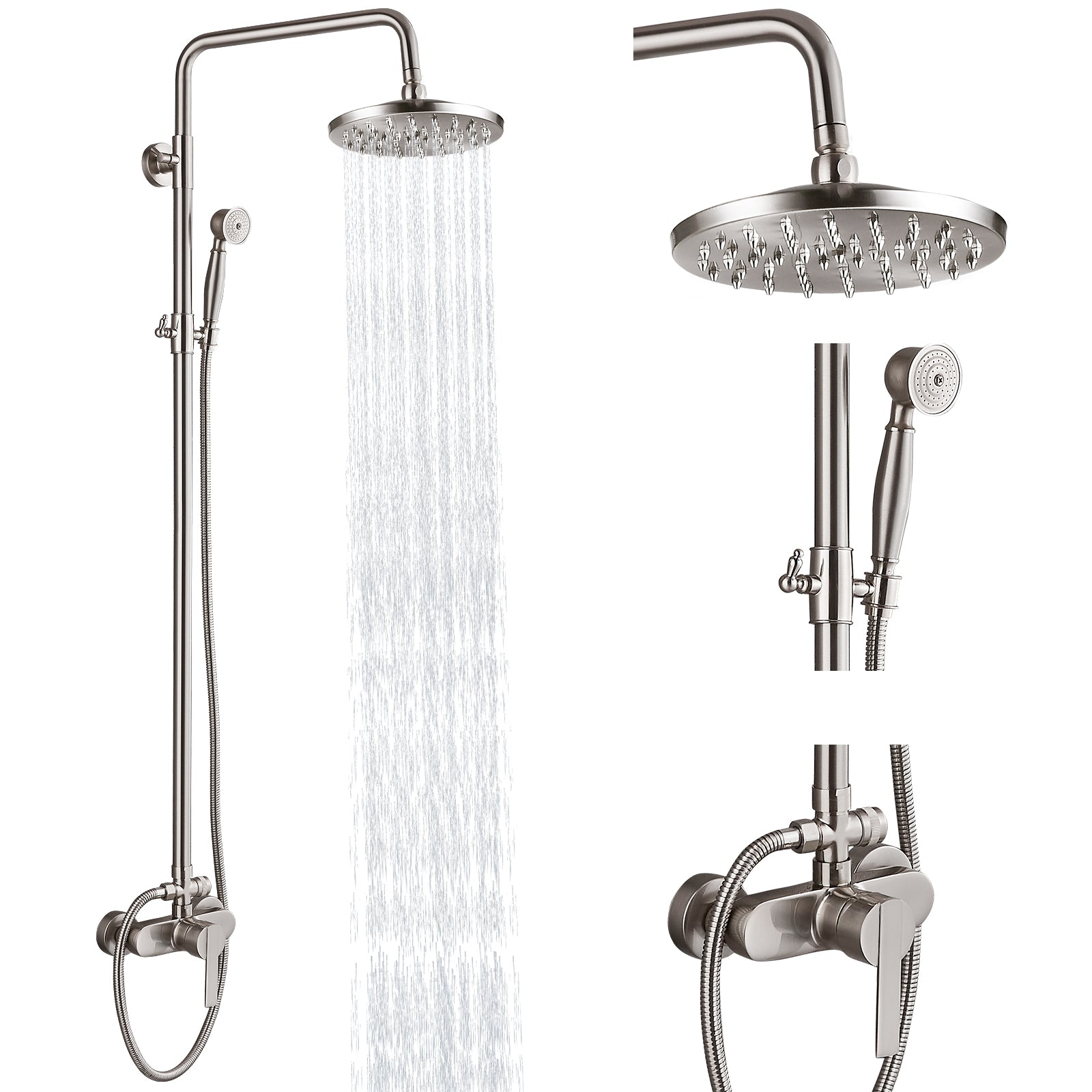 Exposed Pipe Shower System 8 Inch Rainfall Shower Head Brass Fixture Combo Set Single Handle with Handheld Sprayer Bathroom Shower Faucet Adjustable Showerhead Bar Dual Functions