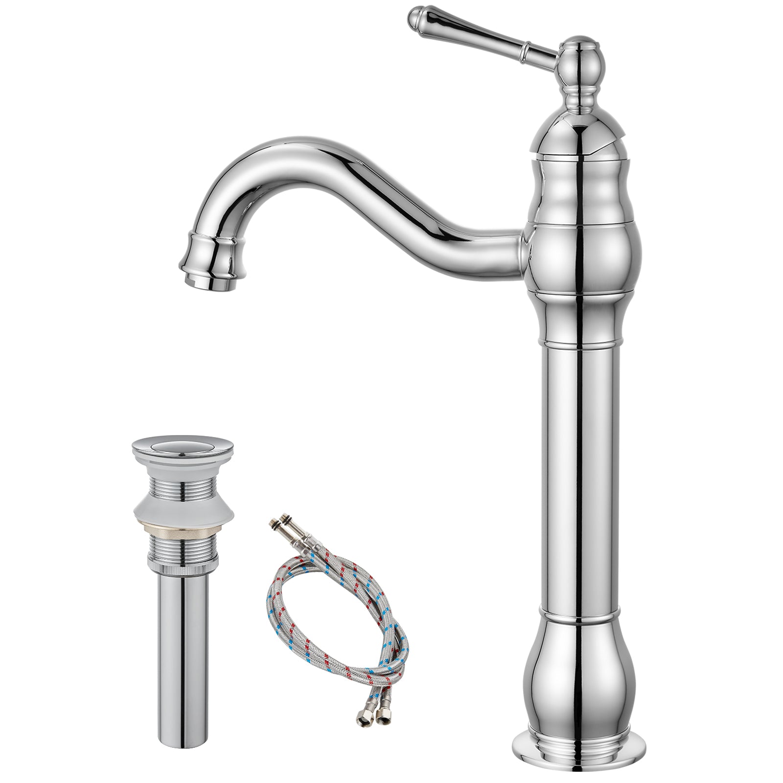 Heyalan Bathroom Vessel Sink Faucet Washingroom Single Handle One Hole High Spout Pop Up Drain Bowl Sink Brass Material 360 Degree Adjustable Lavatory Vanity Mixer Bar Tap Without Overflow