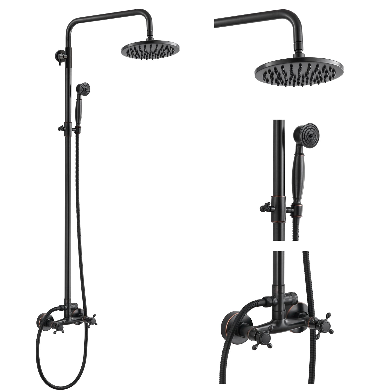 Heyalan Dual Functions Exposed Pipe Shower System Round Rainfall 8 Inch Shower Head Brass Fixture Combo Set 2 Handles with Handheld Sprayer Bathroom Shower Faucet Adjustable Shower Bar
