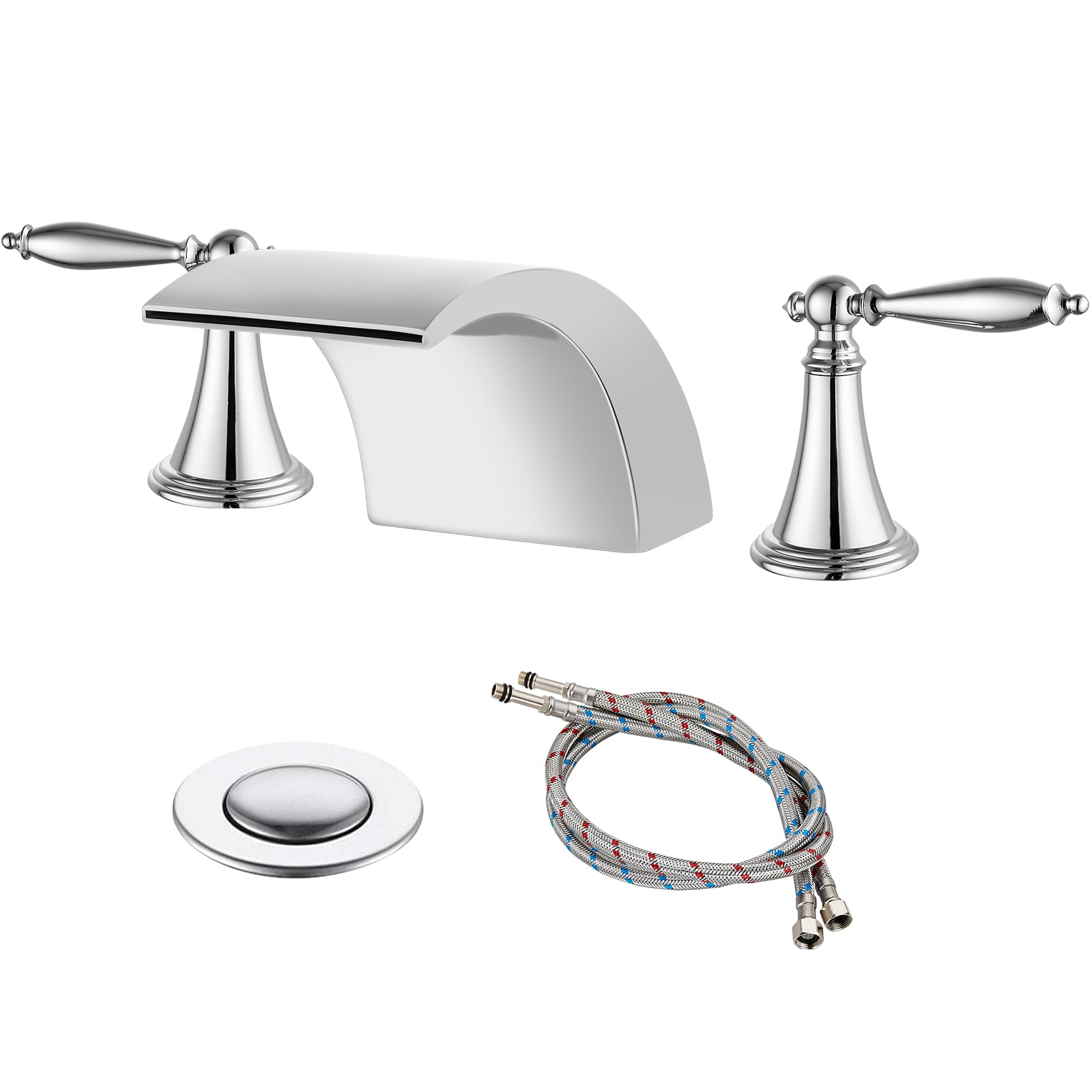 Waterfall Bathroom Sink Faucet Widespread 8-16 Inch 2 Handles 3 Holes Basin Mixer Tap Commercial Deck Mounted Pop Up Drain with Overflow Included