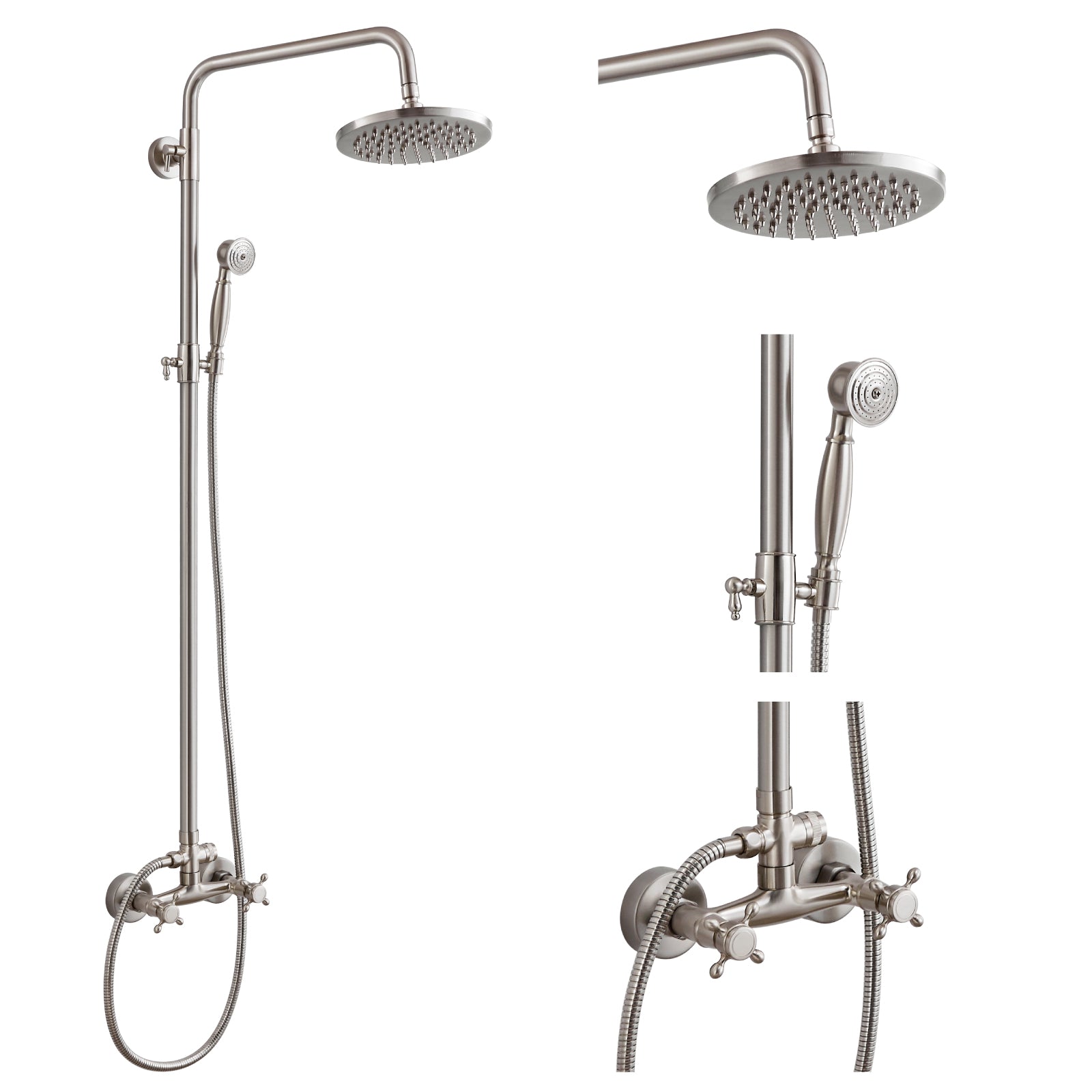 Heyalan Dual Functions Exposed Pipe Shower System Round Rainfall 8 Inch Shower Head Brass Fixture Combo Set 2 Handles with Handheld Sprayer Bathroom Shower Faucet Adjustable Shower Bar