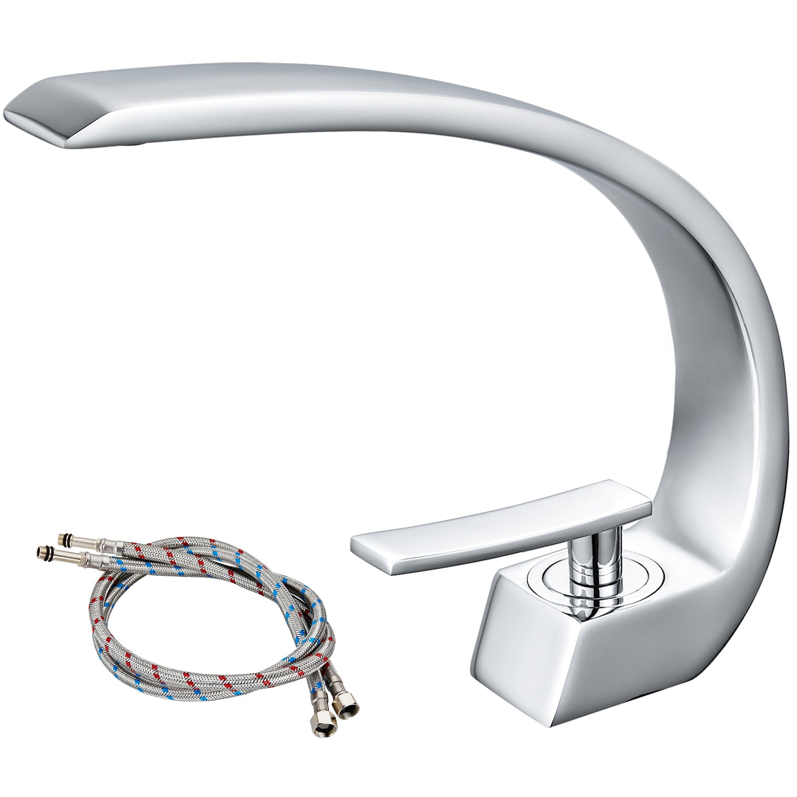 Heyalan Bathroom Sink Faucet Deck Mount Single Handle Single Hole Curved Spout Lavatory Basin Mixer Tap Solid Brass with Supply Hose Commercial