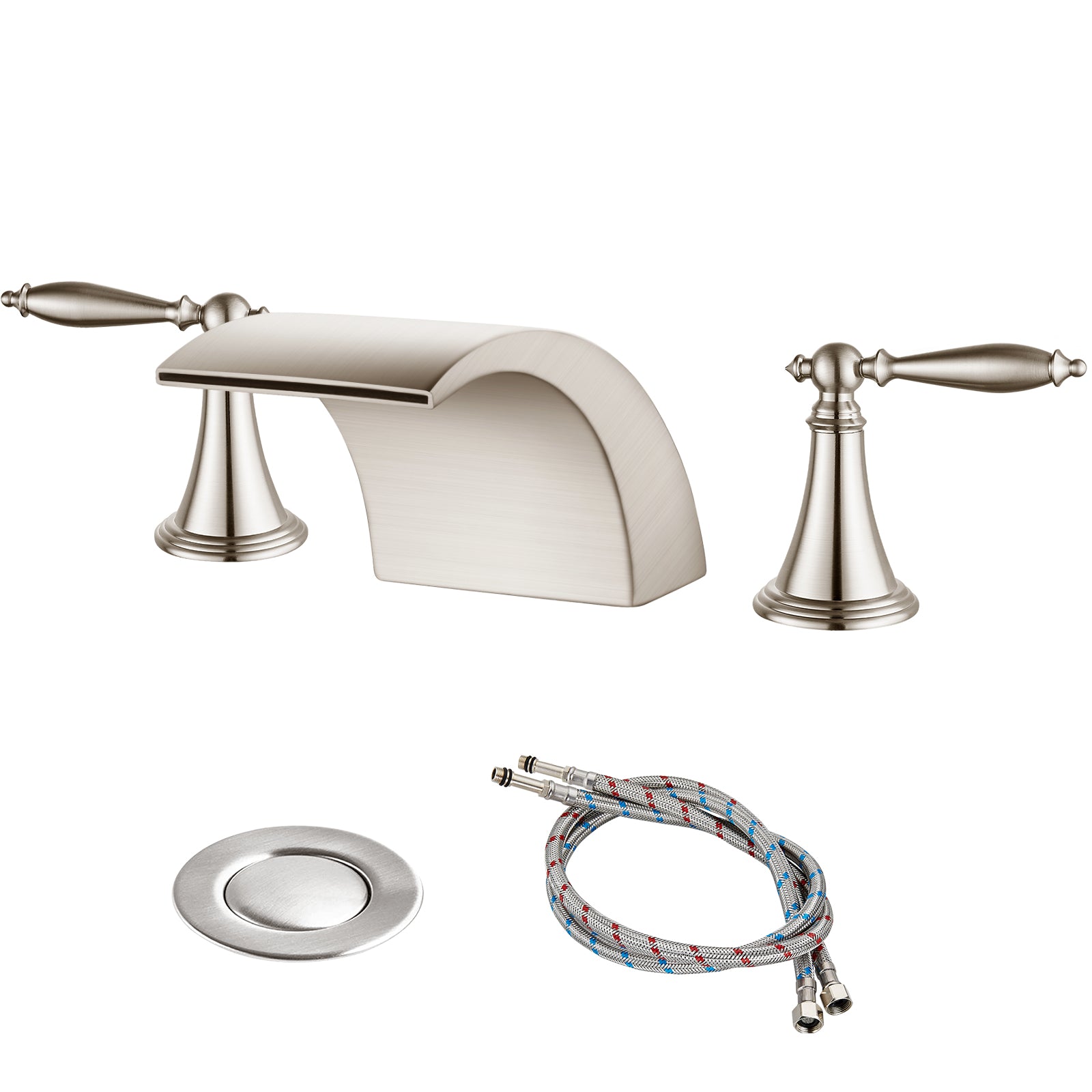 Waterfall Bathroom Sink Faucet Widespread 8-16 Inch 2 Handles 3 Holes Basin Mixer Tap Commercial Deck Mounted Pop Up Drain with Overflow Included