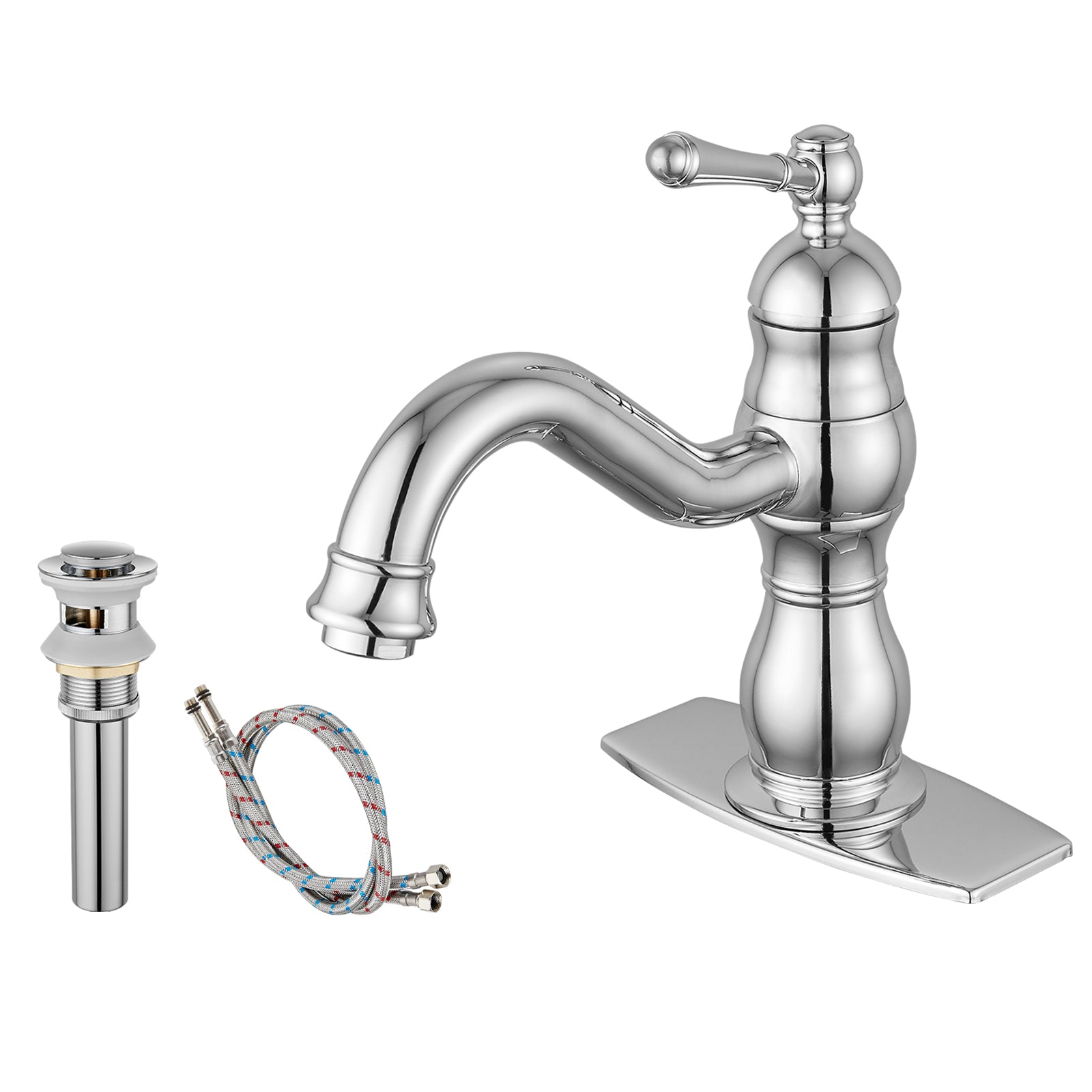 Bathroom Sink Faucet 1 Hole Single Handle Vanity Mixer Tap Deck Mount Lavatory Pop Up Drain with Overflow Included Commercial