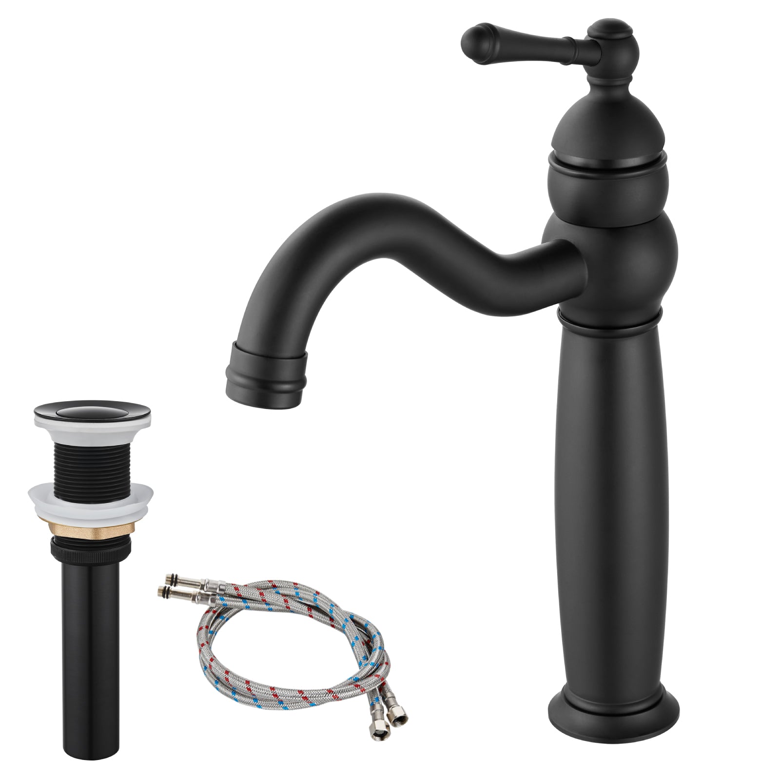 Heyalan Bathroom Vessel Sink Faucet Deck Mount Single Hole One Handle Vintage Lavatory Basin Spout Vanity Tall Mixer Tap Solid Brass Antique Assembly with Pop-up Drain