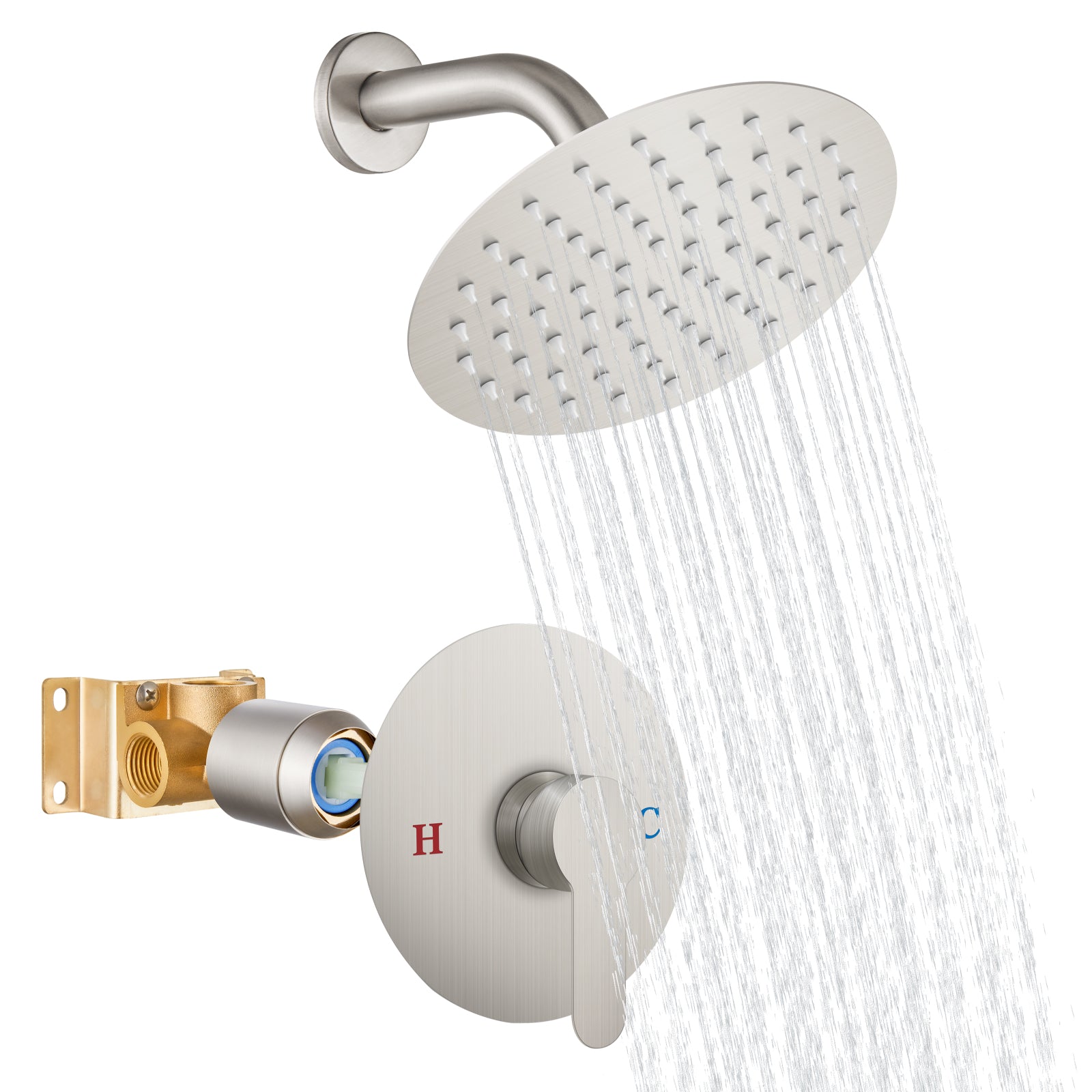 Shower Faucet Set 8 Inch Round Showerhead Bathroom Rainfall Shower System Wall Mount SUS304 Stainless Steel Single Function Shower Trim Kit with Rough-in Valve 1 Handle