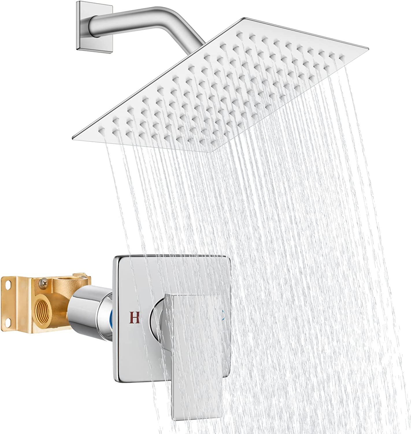 Heyalan Shower Faucet Set Bathroom Rainfall Shower System Square SUS304 Stainless Steel Showerhead Single Function Shower Trim Kit 1 Handle with Rough-in Valve