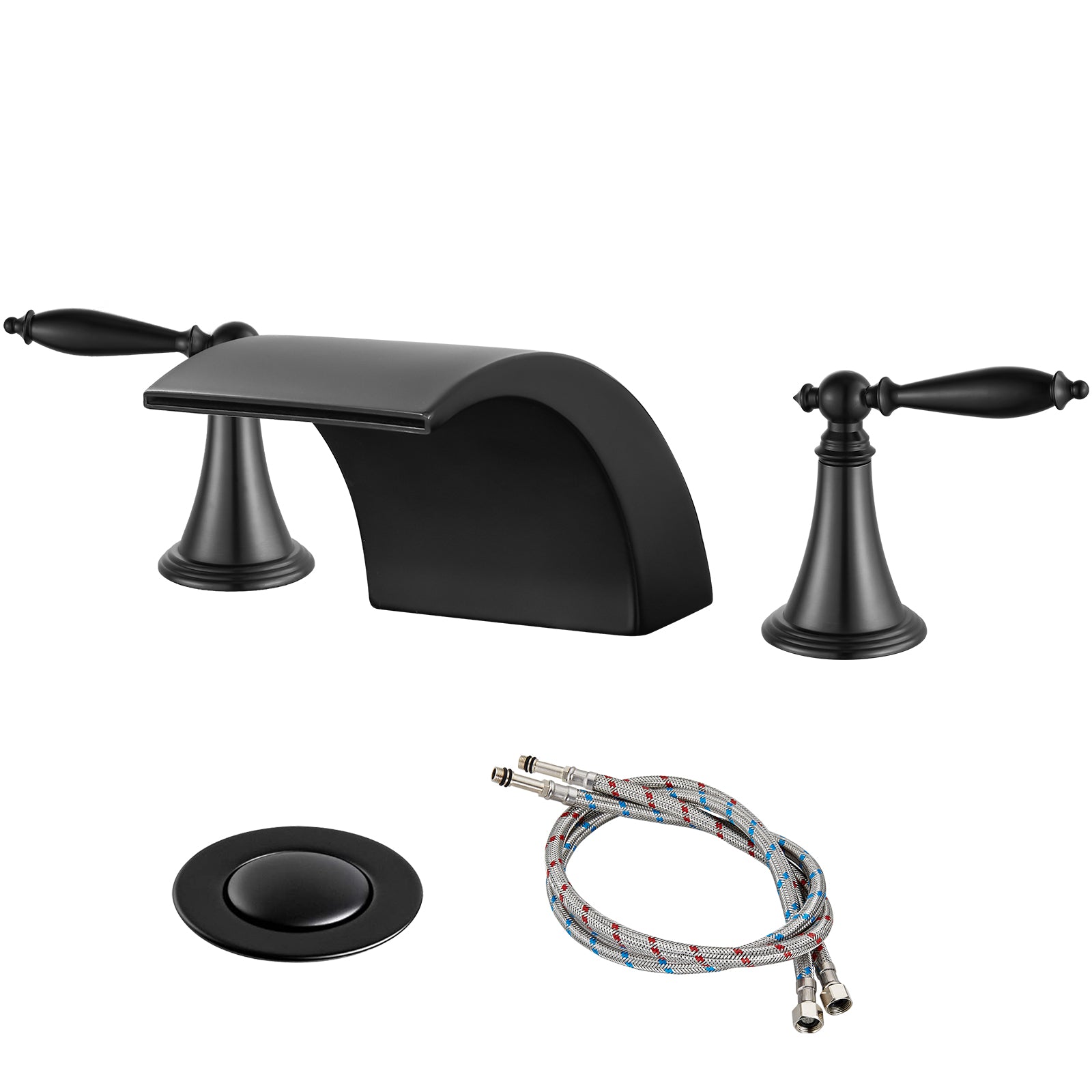 Waterfall Bathroom Sink Faucet Widespread 8-16 Inch 2 Handles 3 Holes Basin Mixer Tap Commercial Deck Mounted Pop Up Drain with Overflow Included
