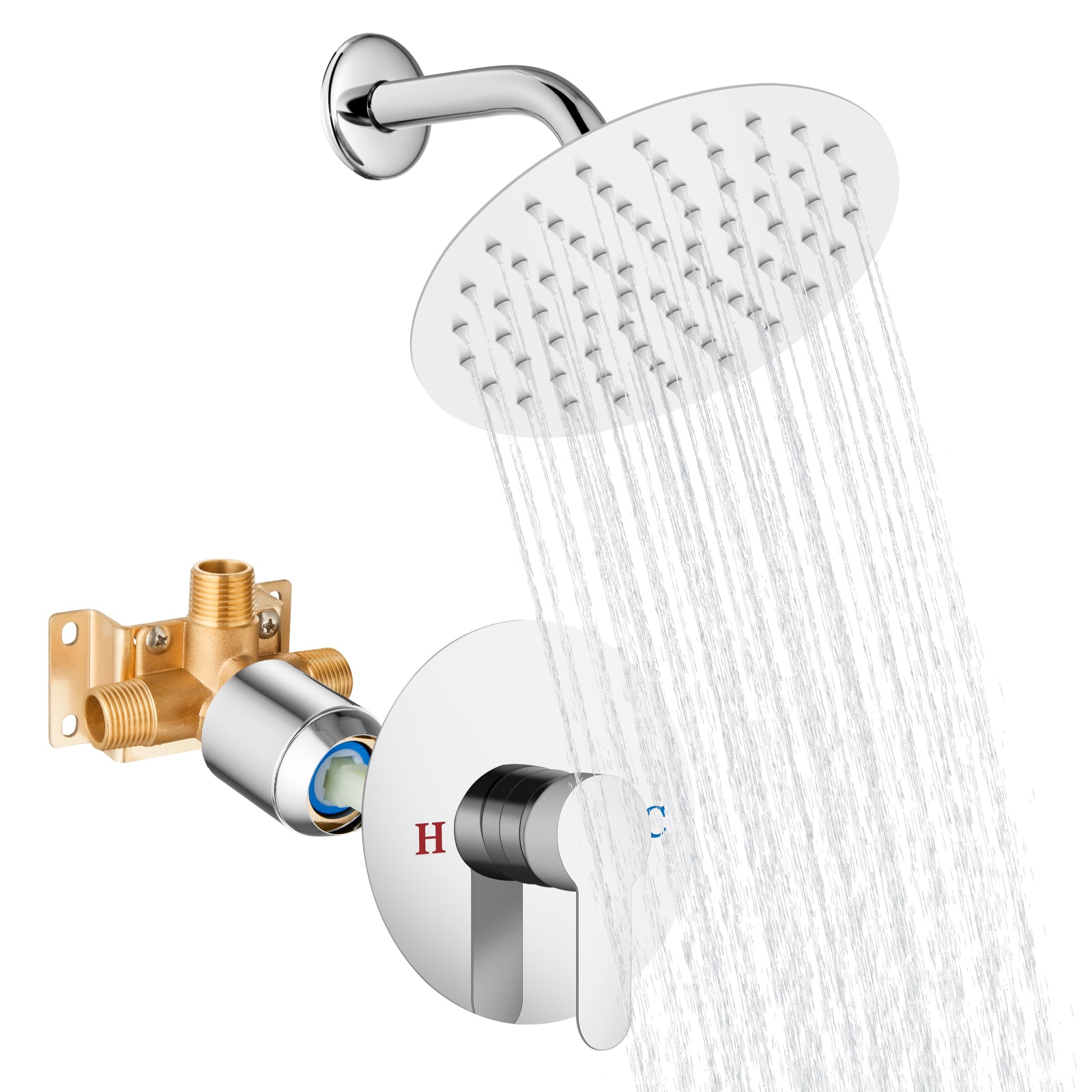 Shower Faucet Set 8 Inch Round Showerhead Bathroom Rainfall Shower System Wall Mount SUS304 Stainless Steel Single Function Shower Trim Kit 1 Handle Male Thread 1/2" NPT