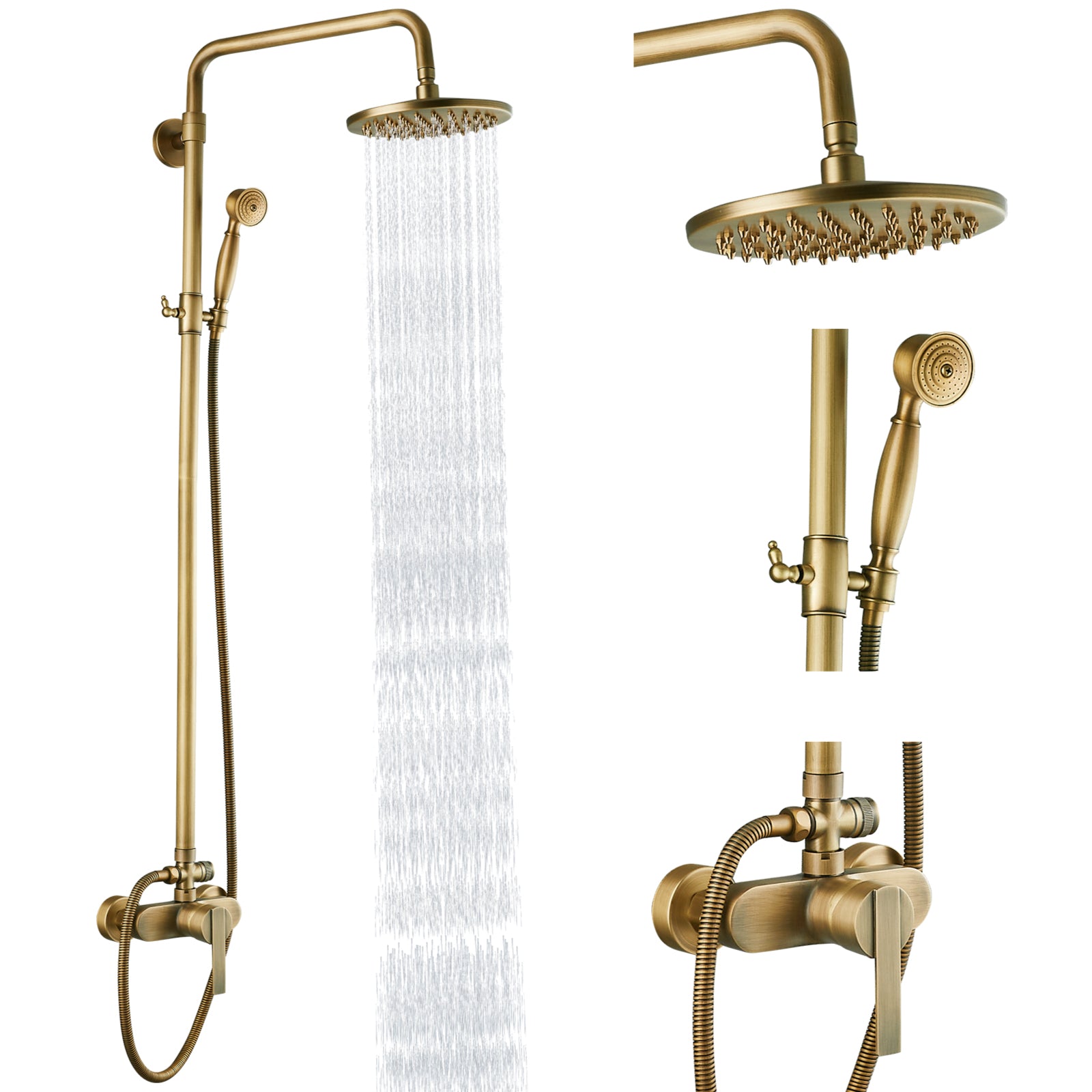 Exposed Pipe Shower System 8 Inch Rainfall Shower Head Brass Fixture Combo Set Single Handle with Handheld Sprayer Bathroom Shower Faucet Adjustable Showerhead Bar Dual Functions
