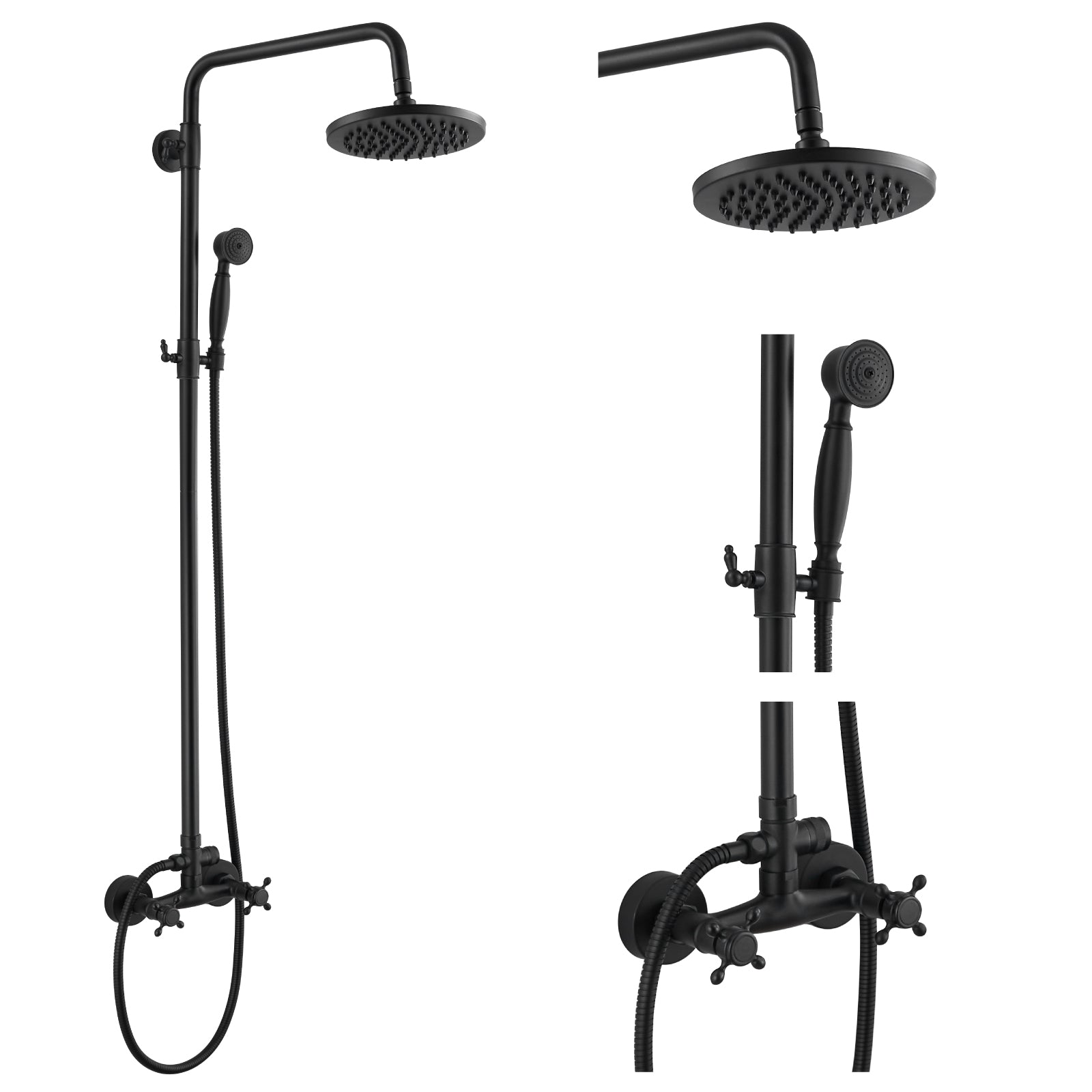 Heyalan Dual Functions Exposed Pipe Shower System Round Rainfall 8 Inch Shower Head Brass Fixture Combo Set 2 Handles with Handheld Sprayer Bathroom Shower Faucet Adjustable Shower Bar