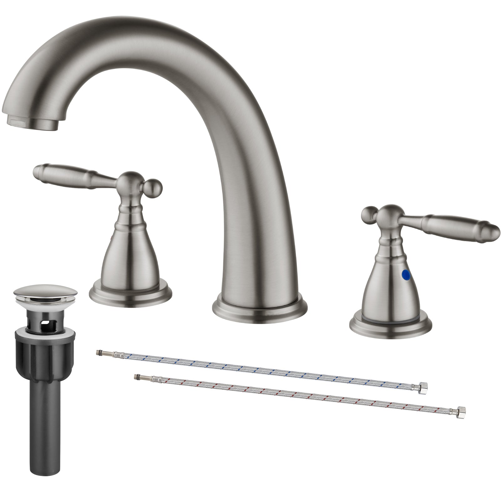 2 Handles SUS304 Stainless Steel 8-16 Inch Bathroom Basin Faucet with Pop Up Drain Deck Mount Divided Three Holes Toilet Sink Mixer Tap Simple Cabinet Grips Heyalan Mixer Faucet