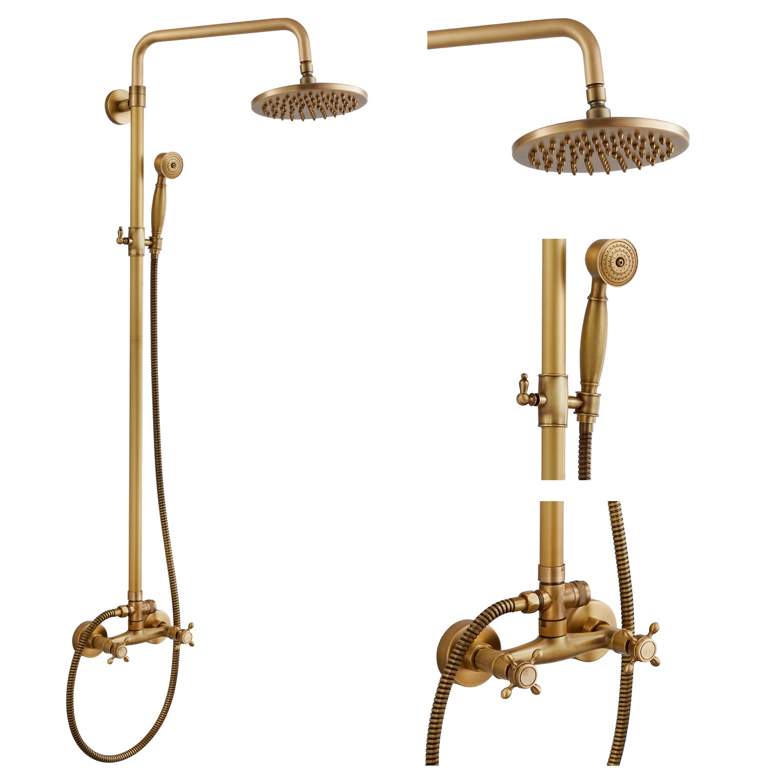 Heyalan Dual Functions Exposed Pipe Shower System Round Rainfall 8 Inch Shower Head Brass Fixture Combo Set 2 Handles with Handheld Sprayer Bathroom Shower Faucet Adjustable Shower Bar
