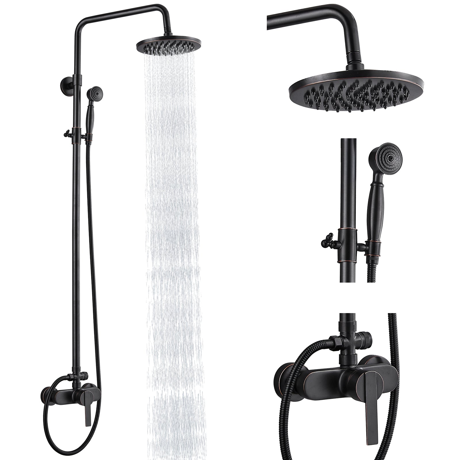 Exposed Pipe Shower System 8 Inch Rainfall Shower Head Brass Fixture Combo Set Single Handle with Handheld Sprayer Bathroom Shower Faucet Adjustable Showerhead Bar Dual Functions
