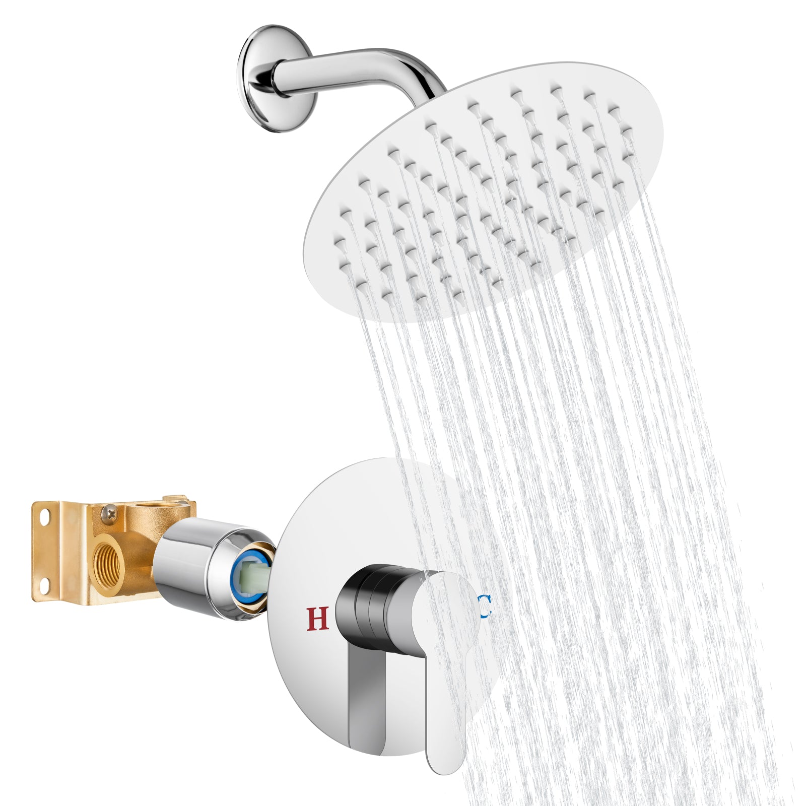 Shower Faucet Set 8 Inch Round Showerhead Bathroom Rainfall Shower System Wall Mount SUS304 Stainless Steel Single Function Shower Trim Kit with Rough-in Valve 1 Handle
