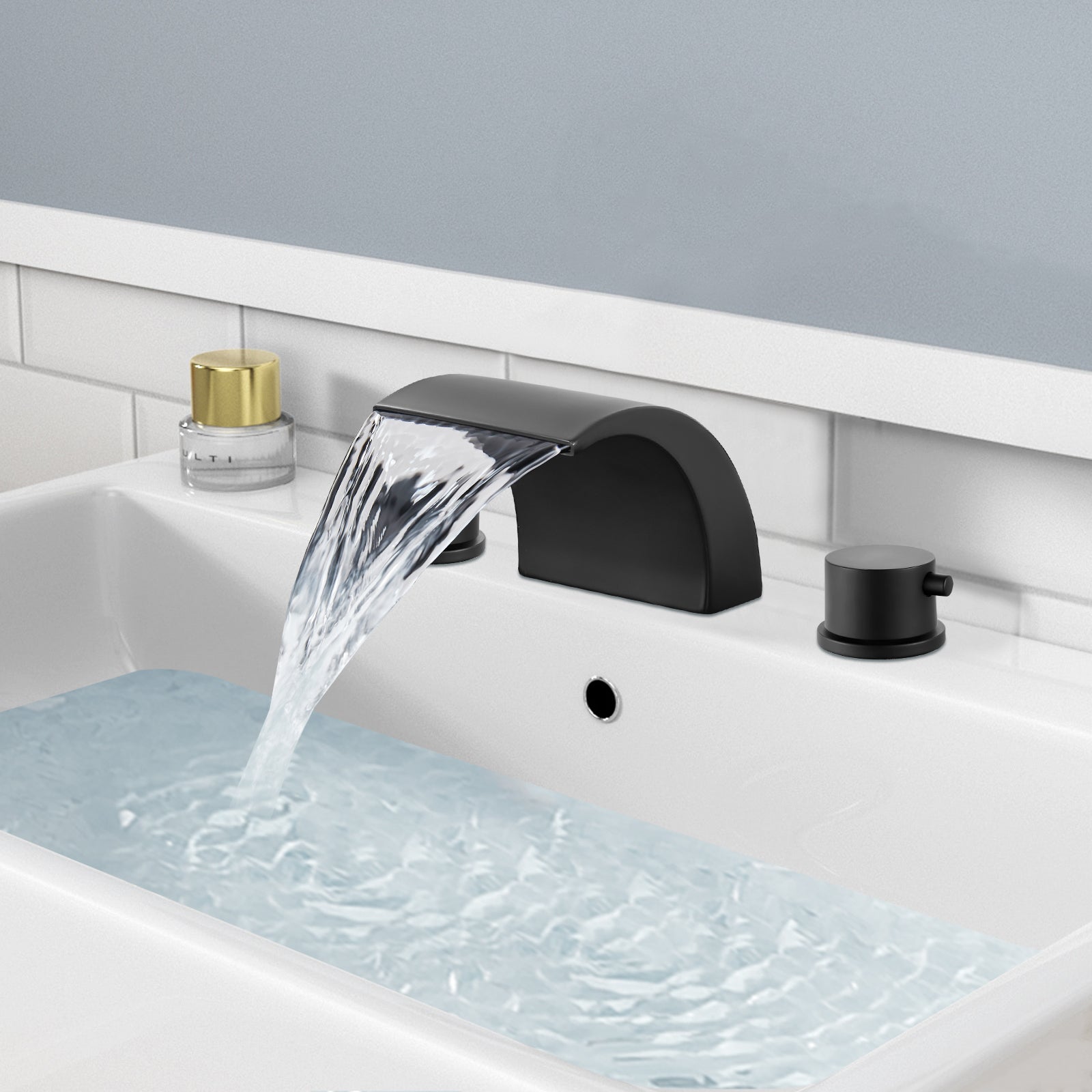 Heyalan Bathroom Widespread Sink Faucet Waterfall Spout 8 16 Inch Dual Handles Three Holes Deck Mount Pop Up Drain with Overflow Bathtub Basin Mixer Tap Commercial