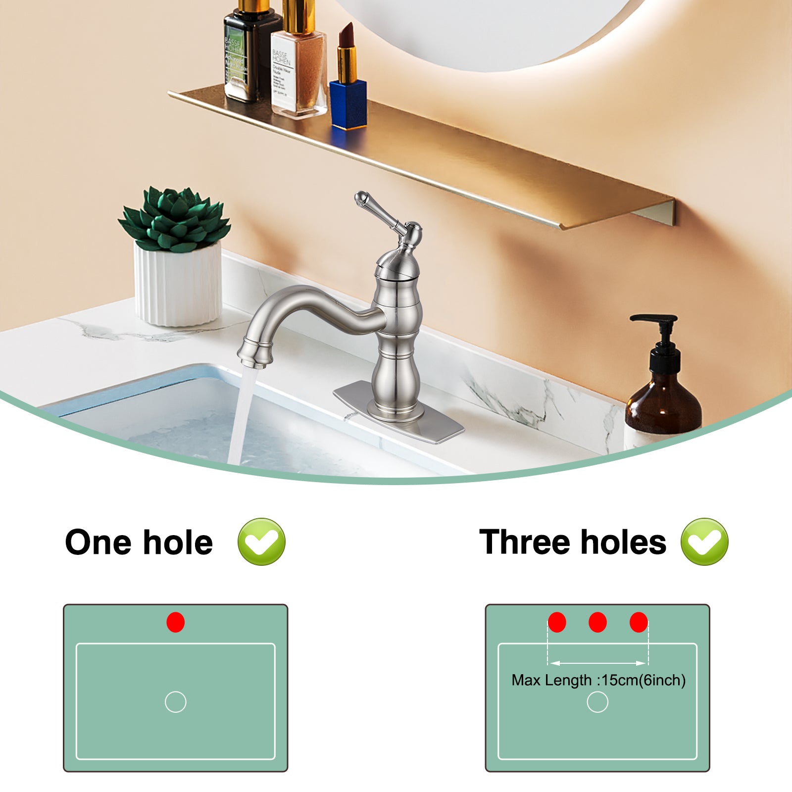 Bathroom Sink Faucet 1 Hole Single Handle Vanity Mixer Tap Deck Mount Lavatory Pop Up Drain with Overflow Included Commercial