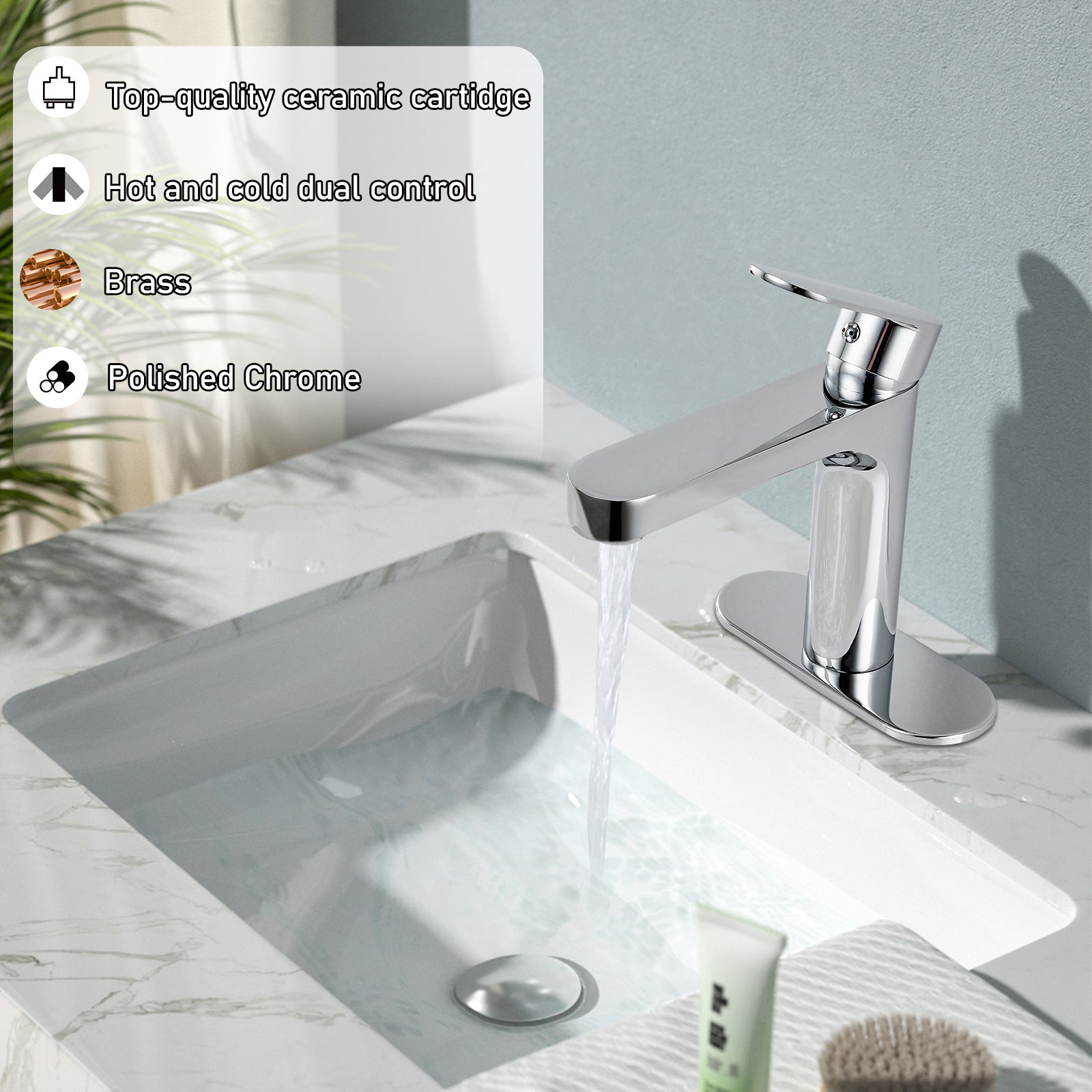 Heyalan Bathroom Faucet Single Handle Brass 1 Hole Basin Mixer Tap Deck Mount Lavatory Vanity Deck Plate Pop Up Drain Included
