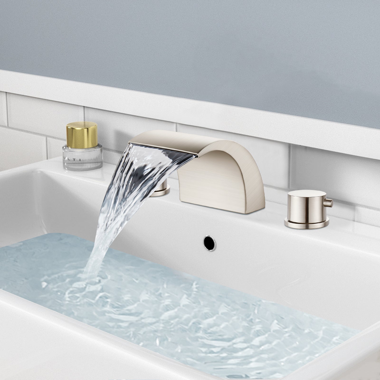 Heyalan Bathroom Widespread Sink Faucet Waterfall Spout 8 16 Inch Dual Handles Three Holes Deck Mount Pop Up Drain with Overflow Bathtub Basin Mixer Tap Commercial
