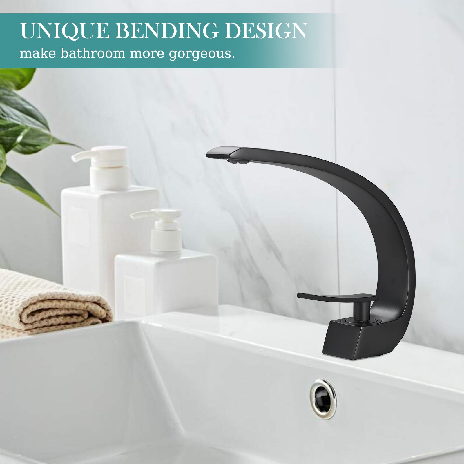 Heyalan Bathroom Sink Faucet Deck Mount Single Handle Single Hole Curved Spout Lavatory Basin Mixer Tap Solid Brass with Supply Hose Commercial