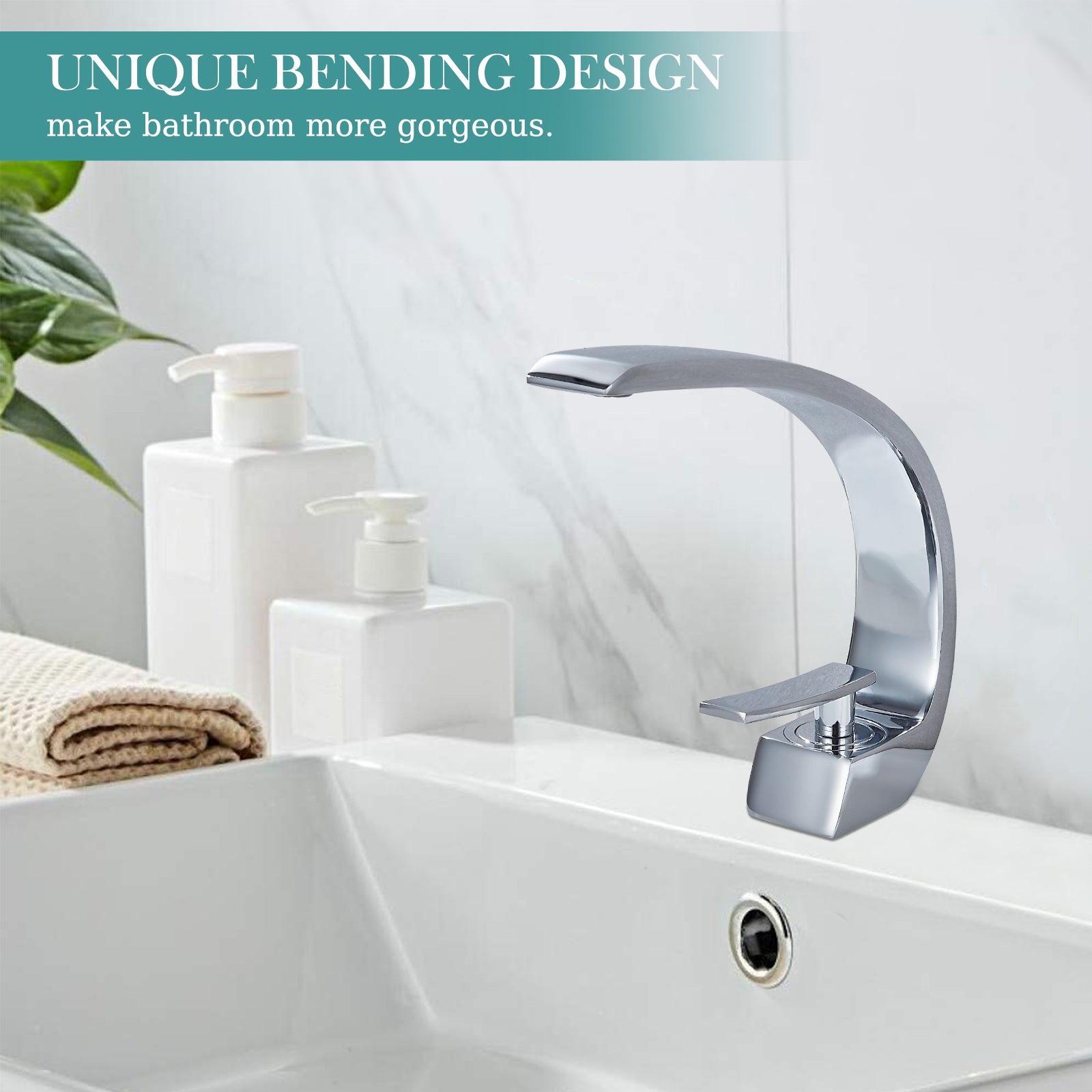 Heyalan Bathroom Sink Faucet Deck Mount Single Handle Single Hole Curved Spout Lavatory Basin Mixer Tap Solid Brass with Supply Hose Commercial