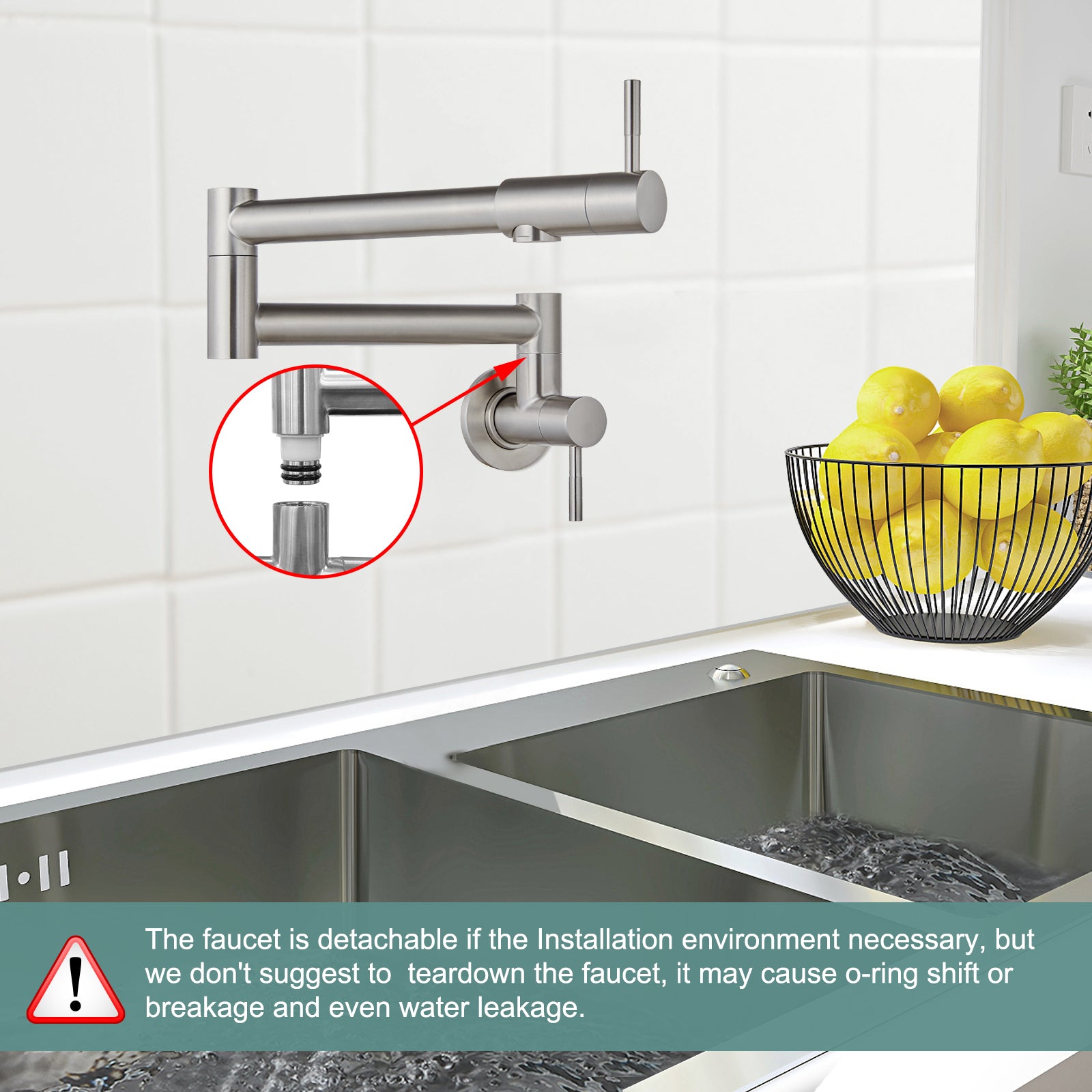 Heyalan Pot Filler Faucet Wall Mounted Folding Stretchable Kitchen Faucet 1 Hole with Double Joint Swing Arms 2 Handles NPT Stainless Steel Separated Thread