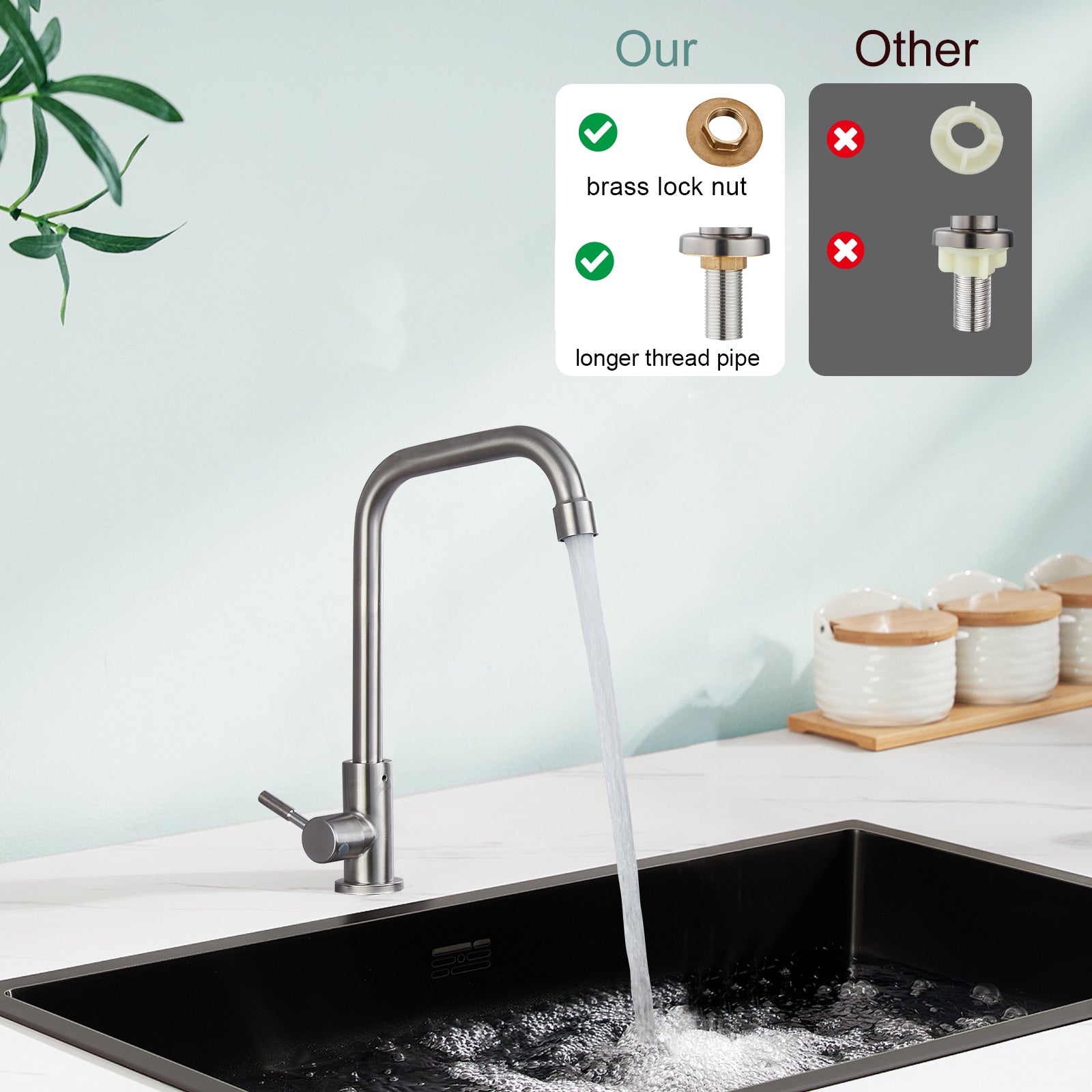 Cold Only Water Kitchen Faucet Heyalan Single Lever Handle 304 Stainless Steel Commercial Bar Tap Decked Mounted 360 Degree Swivel Spout Longer Thread Pipe