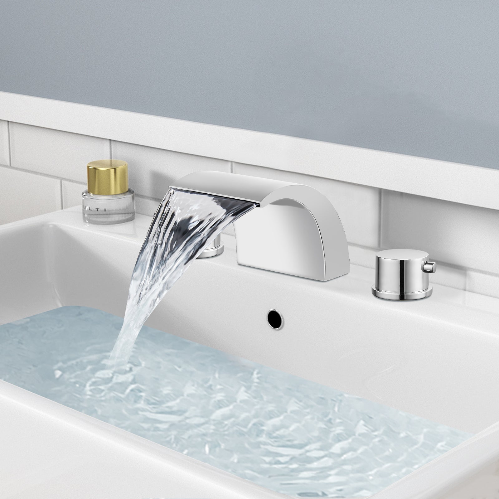 Heyalan Bathroom Widespread Sink Faucet Waterfall Spout 8 16 Inch Dual Handles Three Holes Deck Mount Pop Up Drain with Overflow Bathtub Basin Mixer Tap Commercial