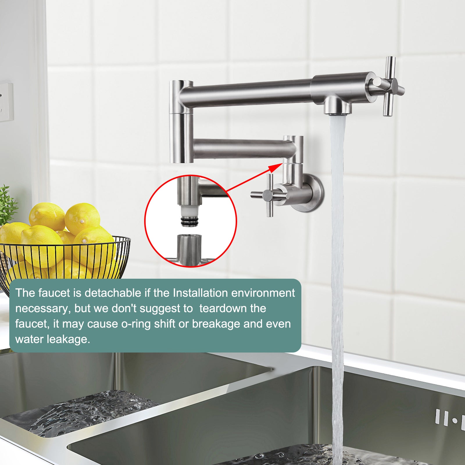 Heyalan Pot Filler Kitchen Faucet Stainless Steel SUS304 Two Cross Handle 19 Inch Single Hole Spout Wall Mounted Stretchable Swing Arm Commercial Kitchen Sink Faucet to Control Water