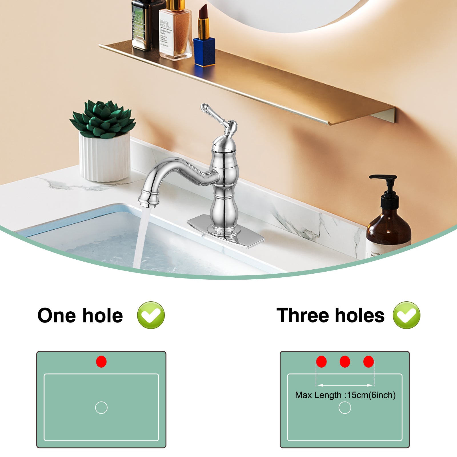 Bathroom Sink Faucet 1 Hole Single Handle Vanity Mixer Tap Deck Mount Lavatory Pop Up Drain with Overflow Included Commercial