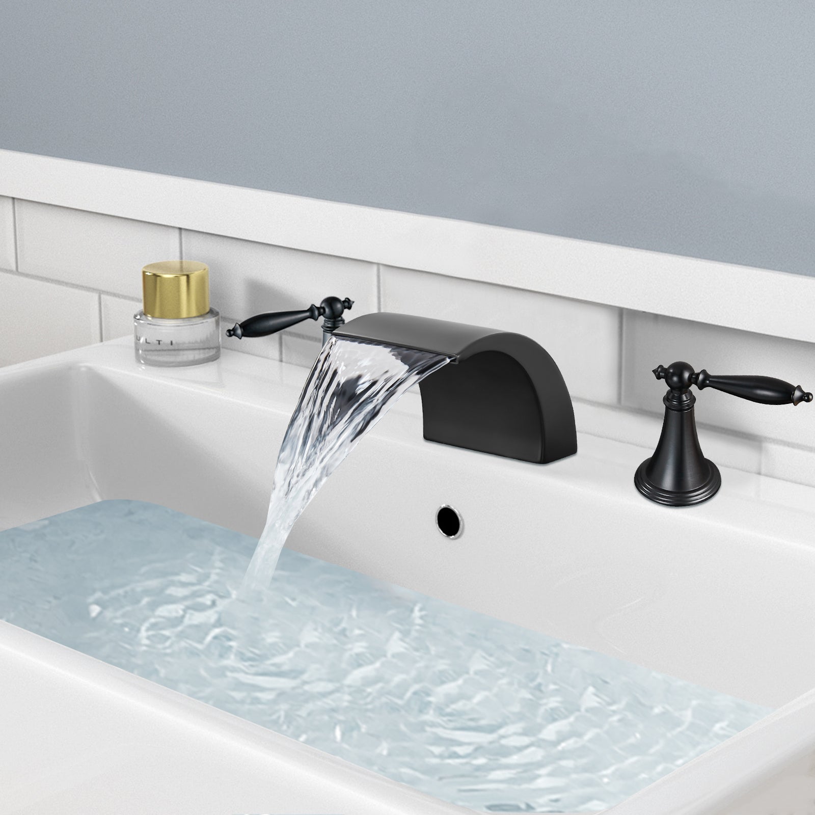 Waterfall Bathroom Sink Faucet Widespread 8-16 Inch 2 Handles 3 Holes Basin Mixer Tap Commercial Deck Mounted Pop Up Drain with Overflow Included