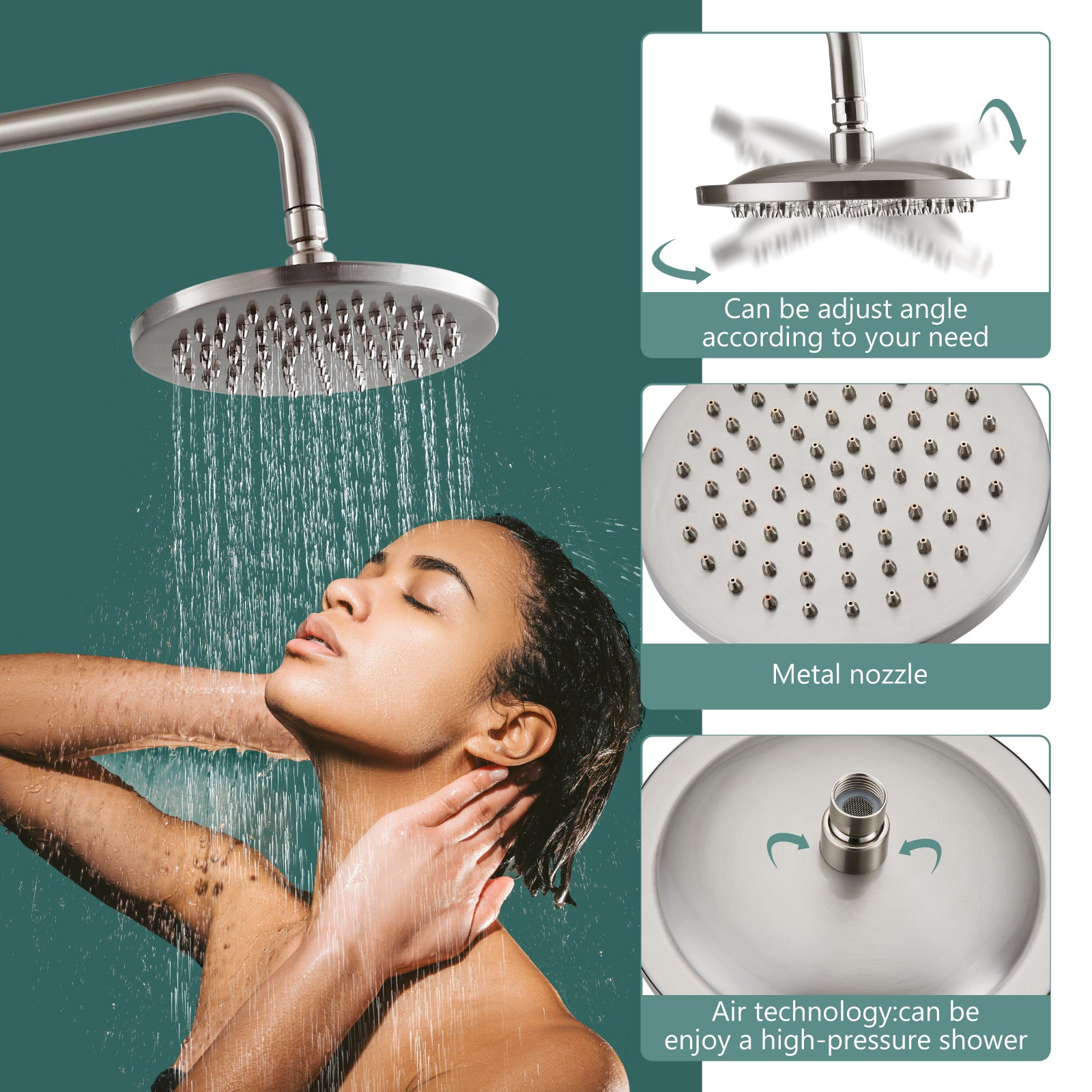Heyalan Dual Functions Exposed Pipe Shower System Round Rainfall 8 Inch Shower Head Brass Fixture Combo Set 2 Handles with Handheld Sprayer Bathroom Shower Faucet Adjustable Shower Bar