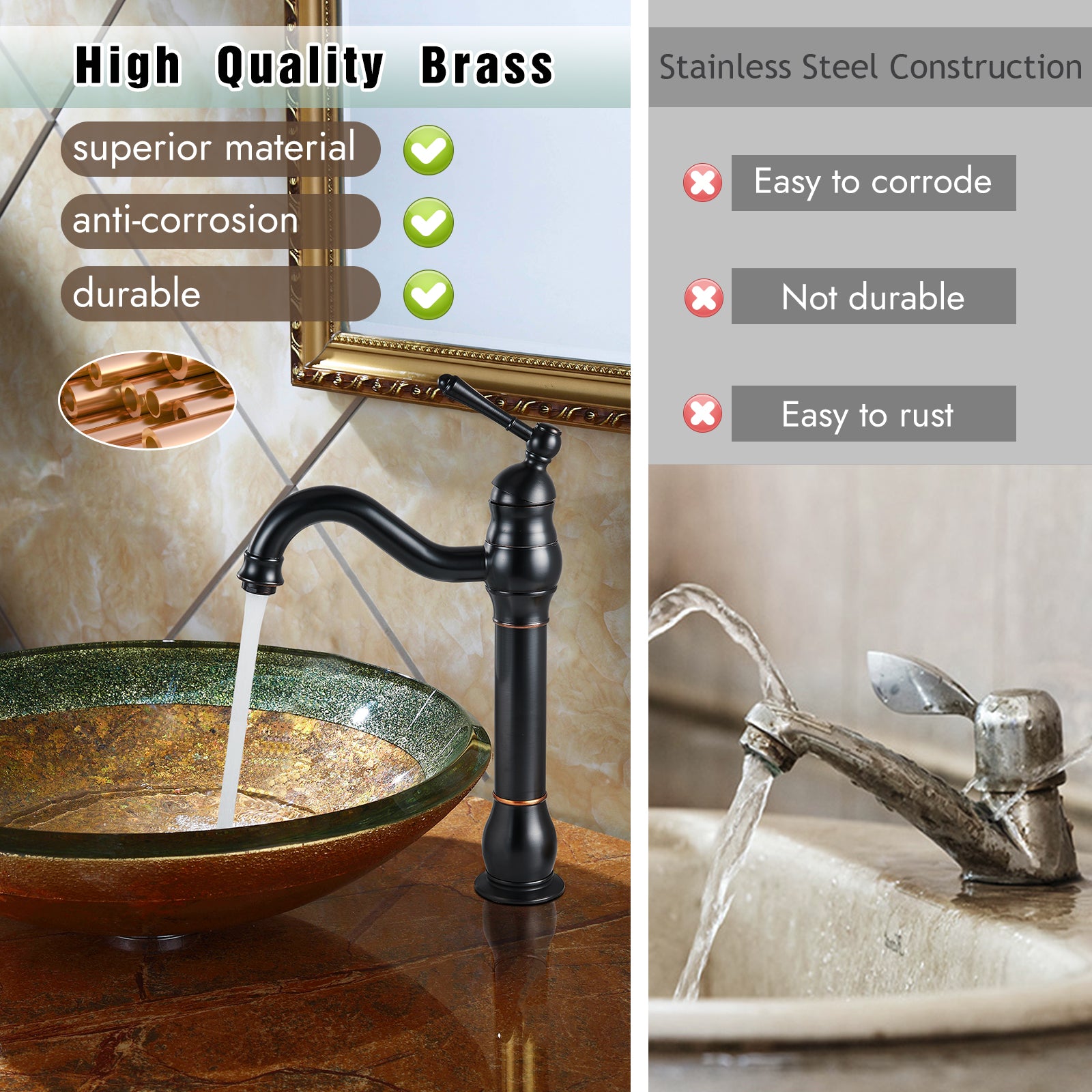 Heyalan Bathroom Vessel Sink Faucet Washingroom Single Handle One Hole High Spout Pop Up Drain Bowl Sink Brass Material 360 Degree Adjustable Lavatory Vanity Mixer Bar Tap Without Overflow