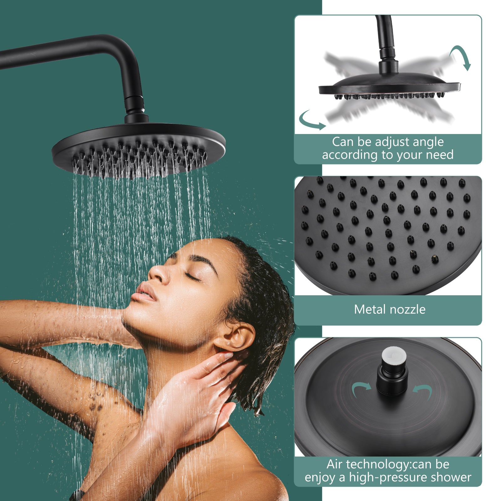 Heyalan Dual Functions Exposed Pipe Shower System Round Rainfall 8 Inch Shower Head Brass Fixture Combo Set 2 Handles with Handheld Sprayer Bathroom Shower Faucet Adjustable Shower Bar