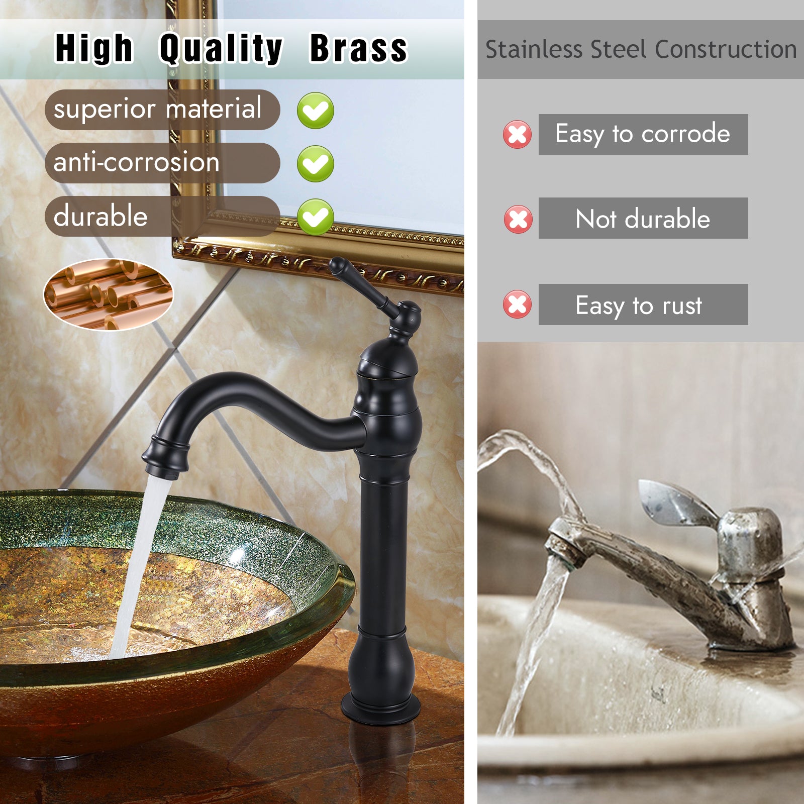 Heyalan Bathroom Vessel Sink Faucet Washingroom Single Handle One Hole High Spout Pop Up Drain Bowl Sink Brass Material 360 Degree Adjustable Lavatory Vanity Mixer Bar Tap Without Overflow