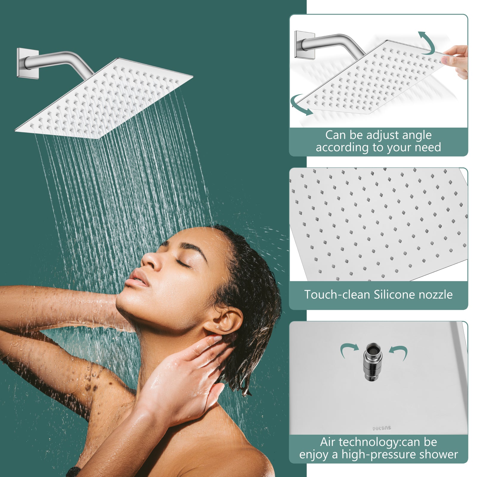 Shower Faucet Set Bathroom Rainfall Shower System Square SUS304 Stainless Steel Showerhead Single Function Shower Trim Kit 1 Handle with Rough-in Valve Male Thread 1/2" NPT