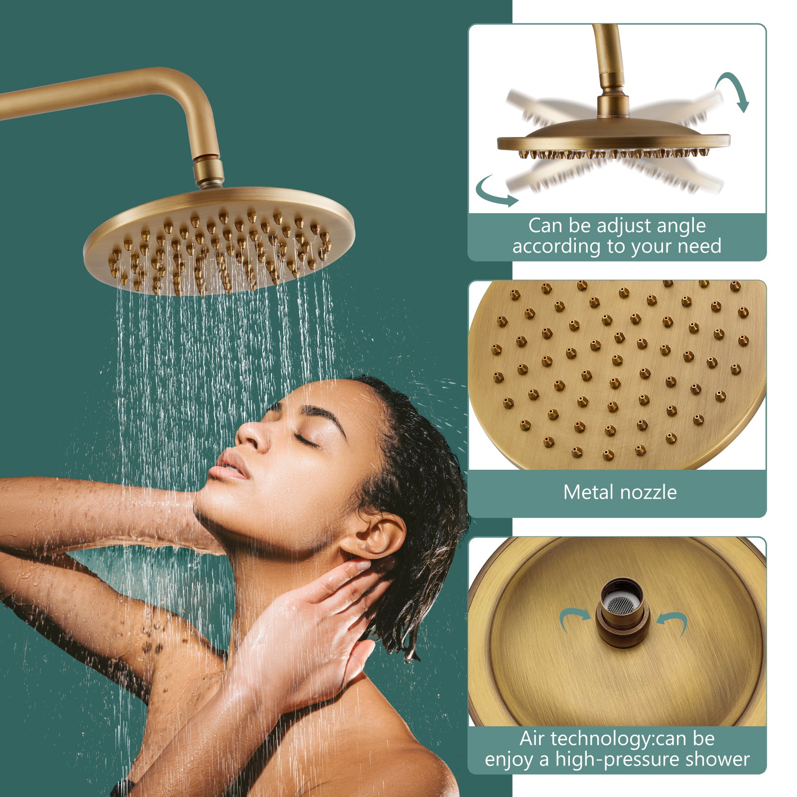 Heyalan Dual Functions Exposed Pipe Shower System Round Rainfall 8 Inch Shower Head Brass Fixture Combo Set 2 Handles with Handheld Sprayer Bathroom Shower Faucet Adjustable Shower Bar