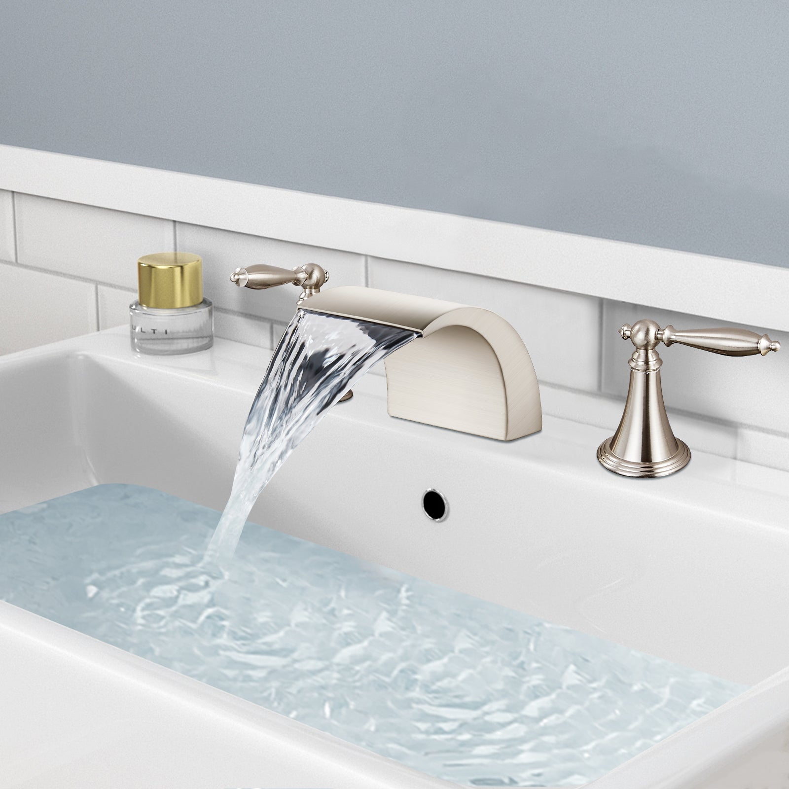Waterfall Bathroom Sink Faucet Widespread 8-16 Inch 2 Handles 3 Holes Basin Mixer Tap Commercial Deck Mounted Pop Up Drain with Overflow Included