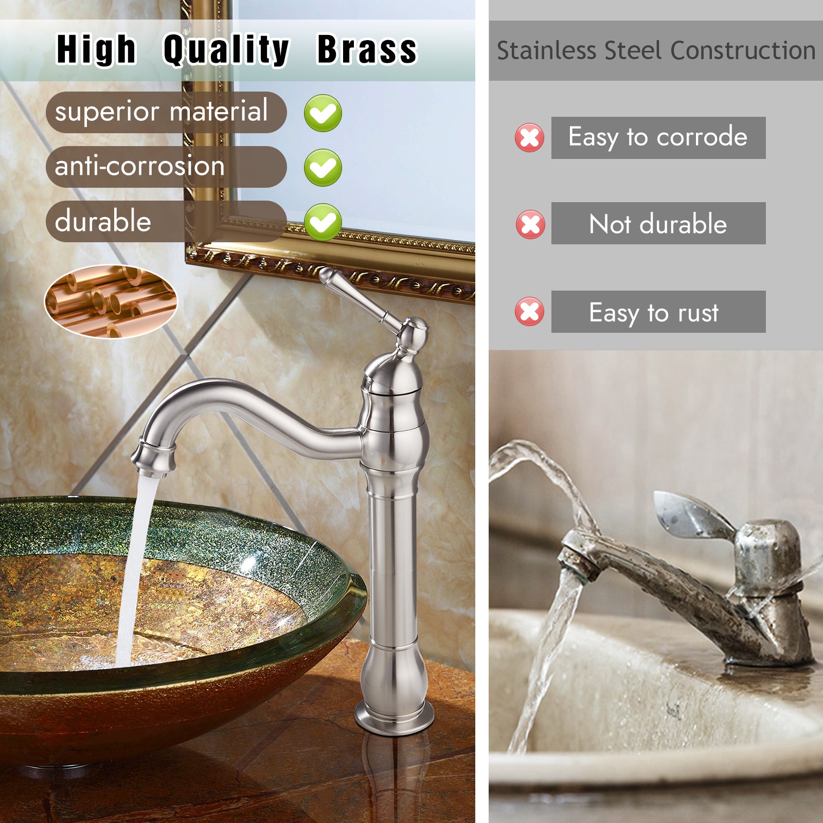 Heyalan Bathroom Vessel Sink Faucet Washingroom Single Handle One Hole High Spout Pop Up Drain Bowl Sink Brass Material 360 Degree Adjustable Lavatory Vanity Mixer Bar Tap Without Overflow