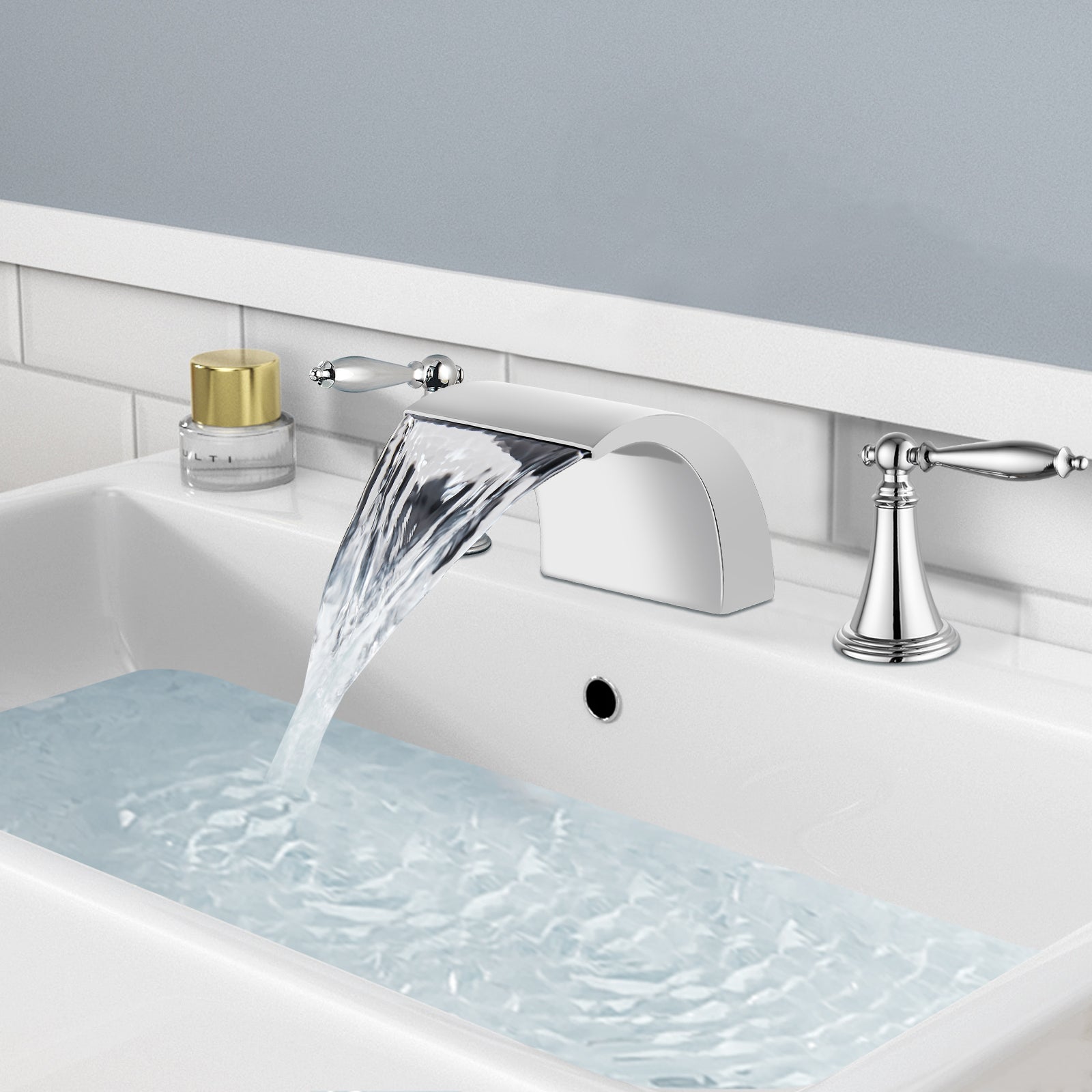 Waterfall Bathroom Sink Faucet Widespread 8-16 Inch 2 Handles 3 Holes Basin Mixer Tap Commercial Deck Mounted Pop Up Drain with Overflow Included