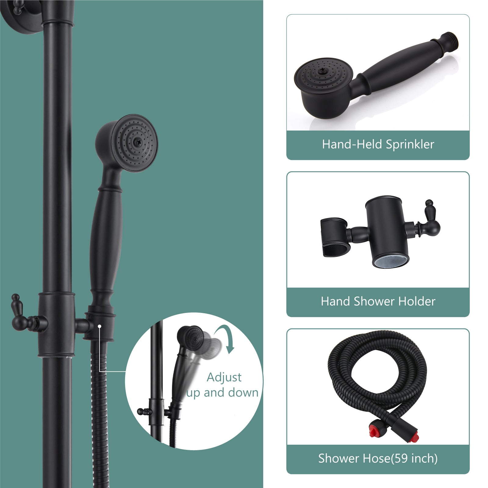 Heyalan Dual Functions Exposed Pipe Shower System Round Rainfall 8 Inch Shower Head Brass Fixture Combo Set 2 Handles with Handheld Sprayer Bathroom Shower Faucet Adjustable Shower Bar