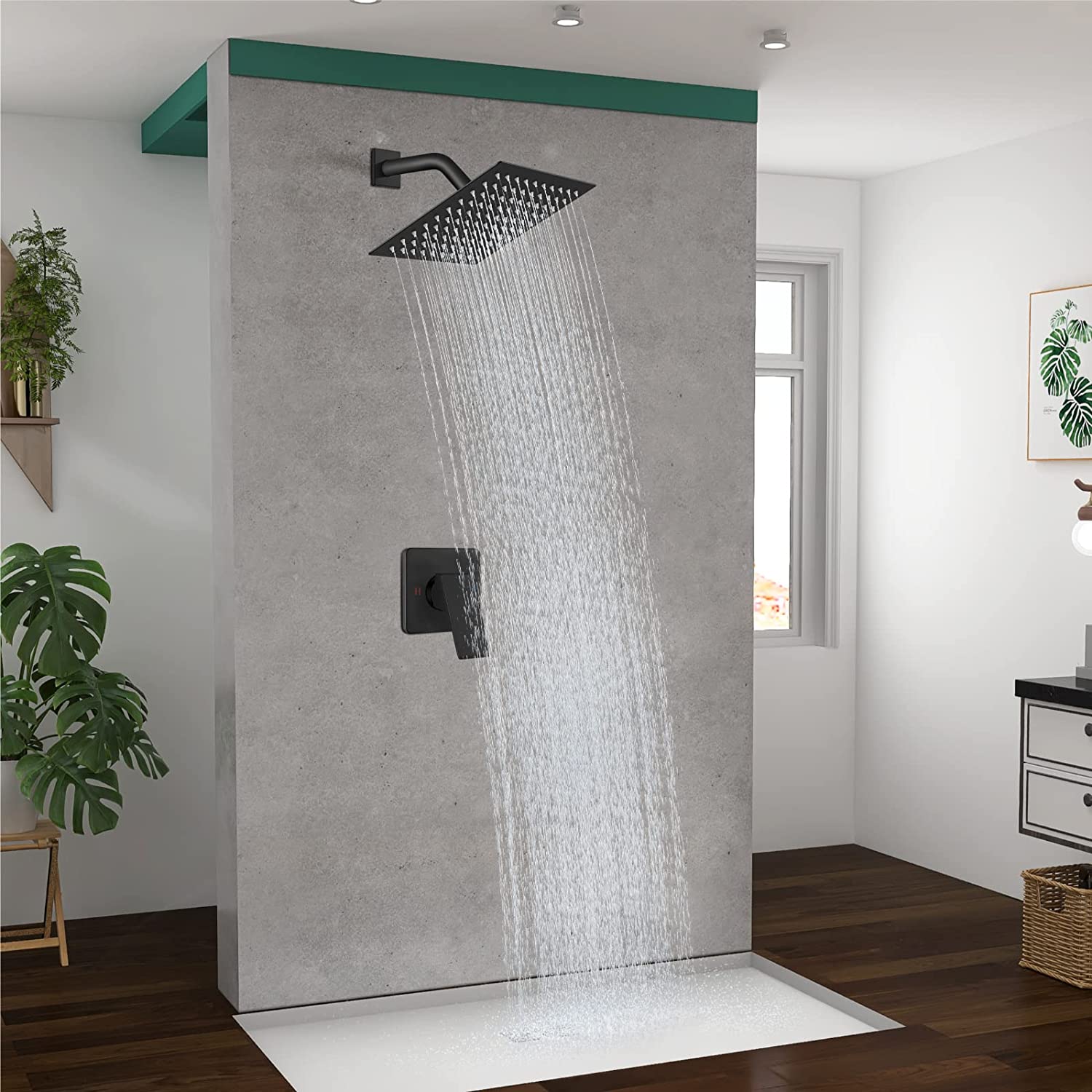 Heyalan Shower Faucet Set Bathroom Rainfall Shower System Square SUS304 Stainless Steel Showerhead Single Function Shower Trim Kit 1 Handle with Rough-in Valve