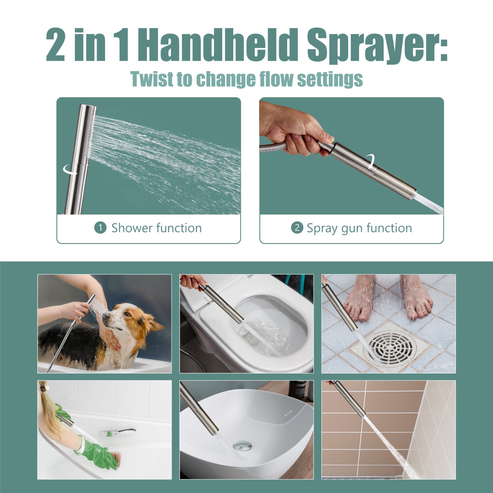 Heyalan Brass 2 in1 Function Handheld Spray Hand Shower High Pressure 7.9 Inch Shower Head High Flow Handheld Sprinklert Shower Wand with Shower Hose and Hand Shower Holder