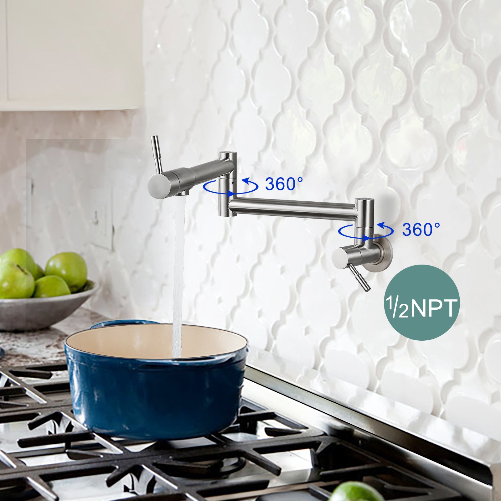 Heyalan Pot Filler Faucet Wall Mounted Folding Stretchable Kitchen Faucet 1 Hole with Double Joint Swing Arms 2 Handles NPT Stainless Steel Separated Thread