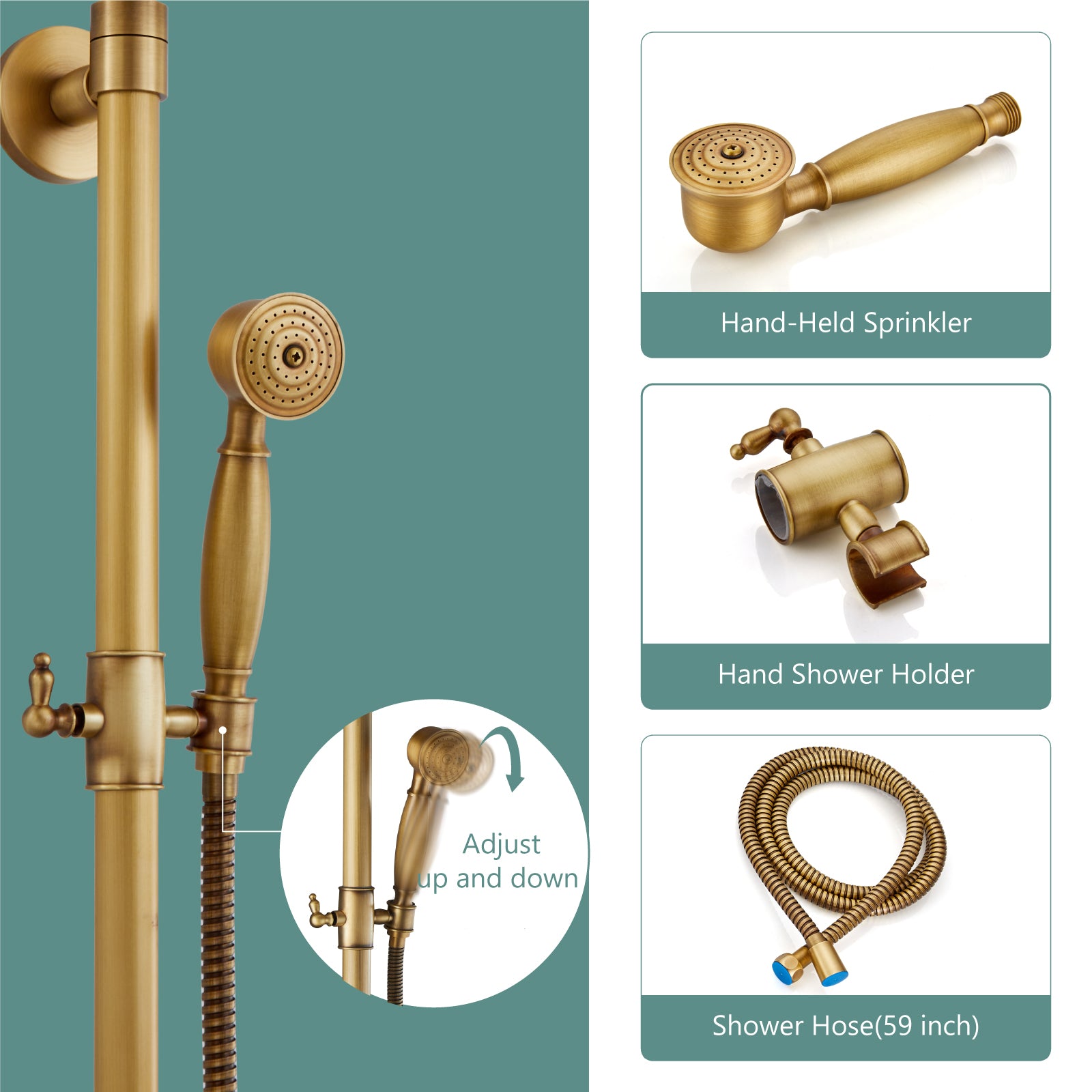 Heyalan Dual Functions Exposed Pipe Shower System Round Rainfall 8 Inch Shower Head Brass Fixture Combo Set 2 Handles with Handheld Sprayer Bathroom Shower Faucet Adjustable Shower Bar