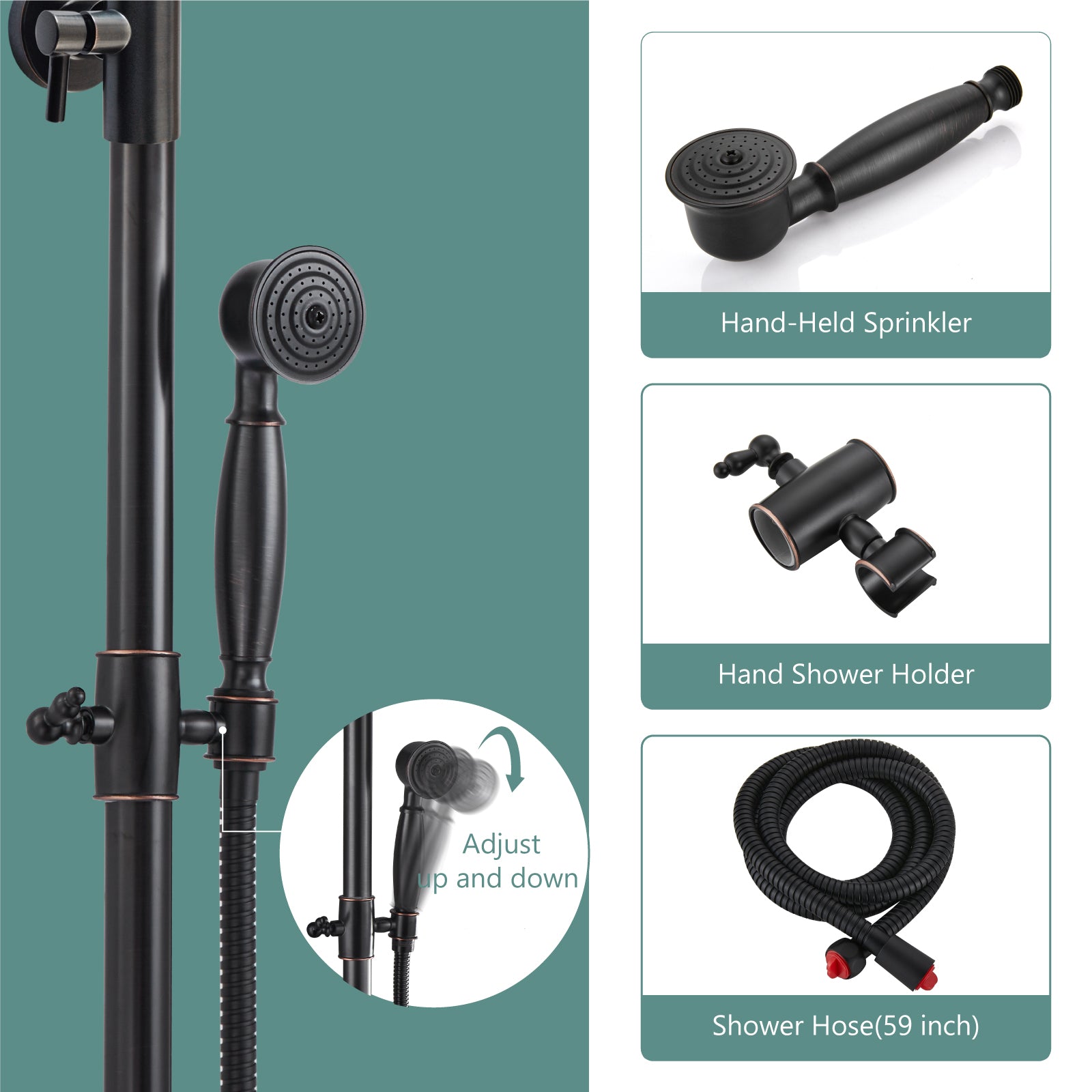 Heyalan Dual Functions Exposed Pipe Shower System Round Rainfall 8 Inch Shower Head Brass Fixture Combo Set 2 Handles with Handheld Sprayer Bathroom Shower Faucet Adjustable Shower Bar