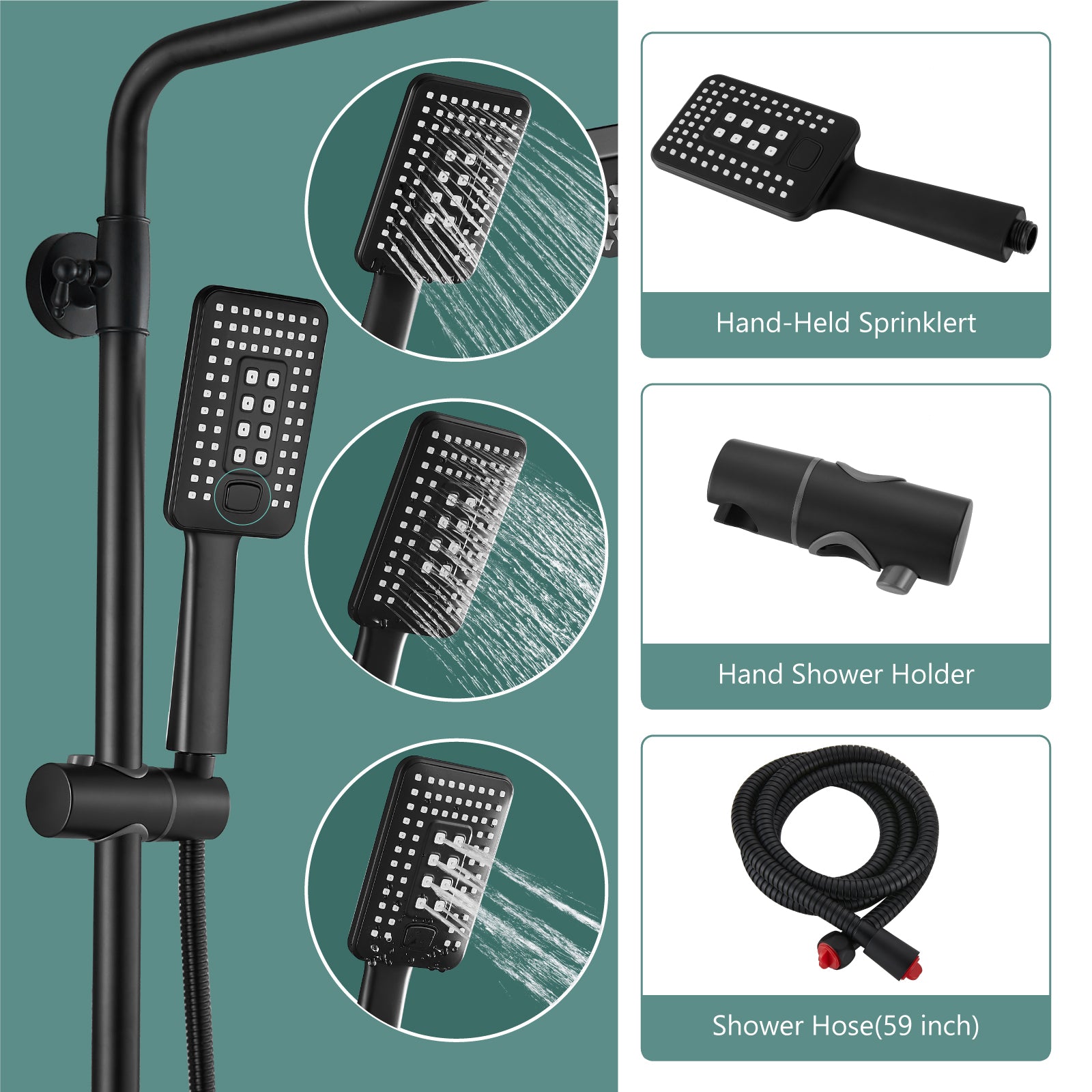 Heyalan Exposed Shower System Matte Black 3 Functional Adjustable Complete Set Tub 8 Inch Square Rainfall Shower Head with Square Hand-held