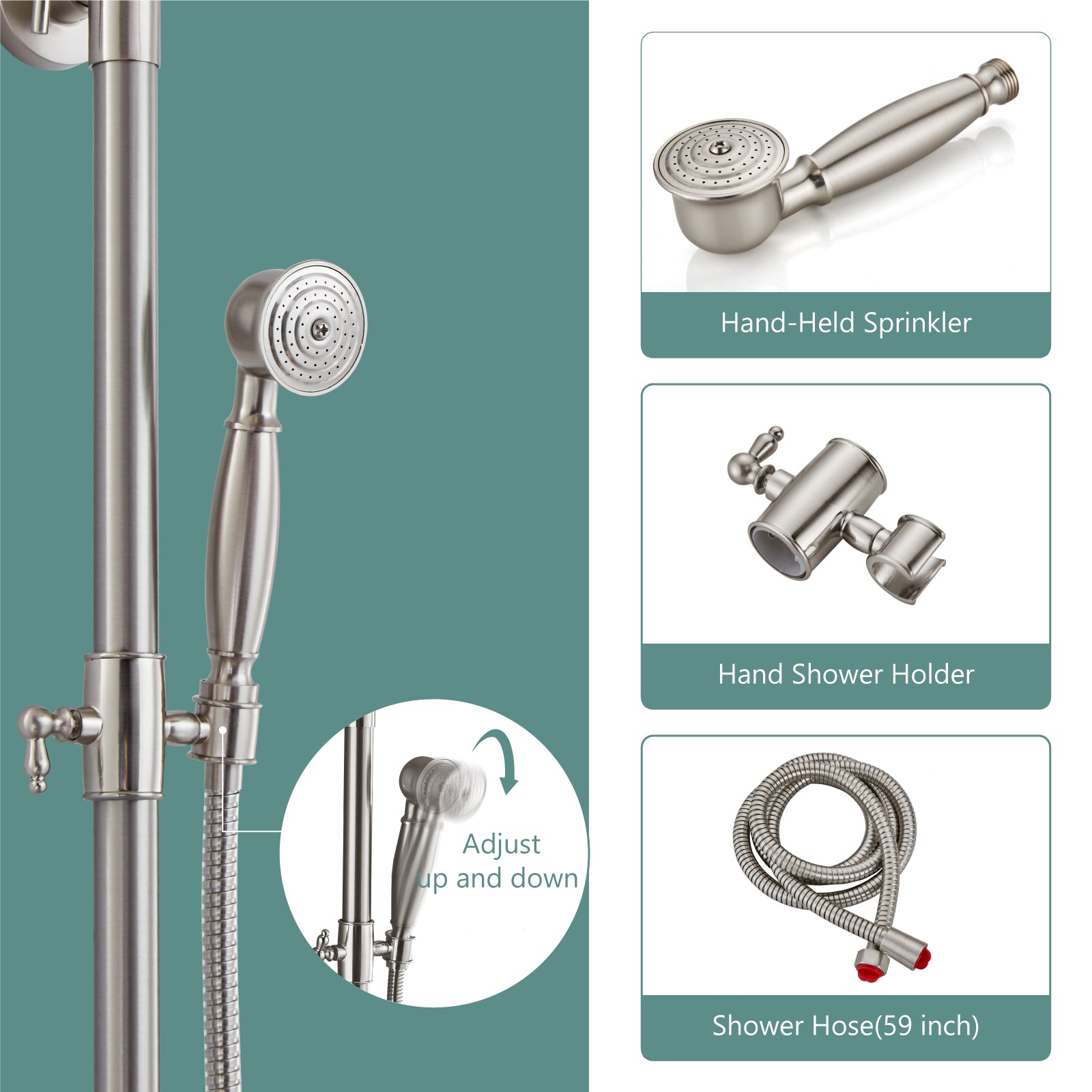 Heyalan Dual Functions Exposed Pipe Shower System Round Rainfall 8 Inch Shower Head Brass Fixture Combo Set 2 Handles with Handheld Sprayer Bathroom Shower Faucet Adjustable Shower Bar